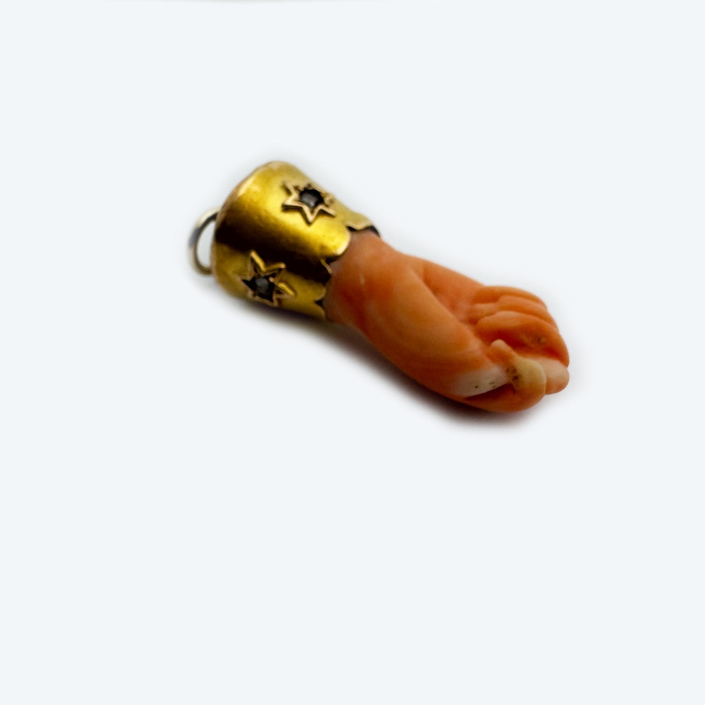 Antique 18k Gold Mediterranean Coral Figa Charm, Victorian Lucky Amulet Diamonds