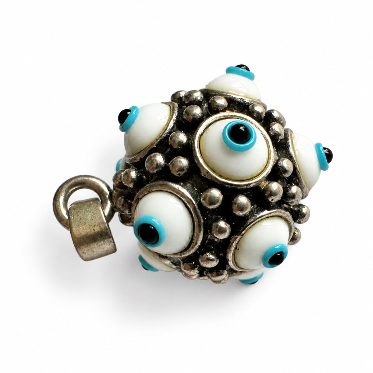 Vintage 925 Sterling Silver Multi Evil Eye Pendant, 12 Glass Nazar Eyes, Hollow Orb Protection Amulet, Unisex Jewelry