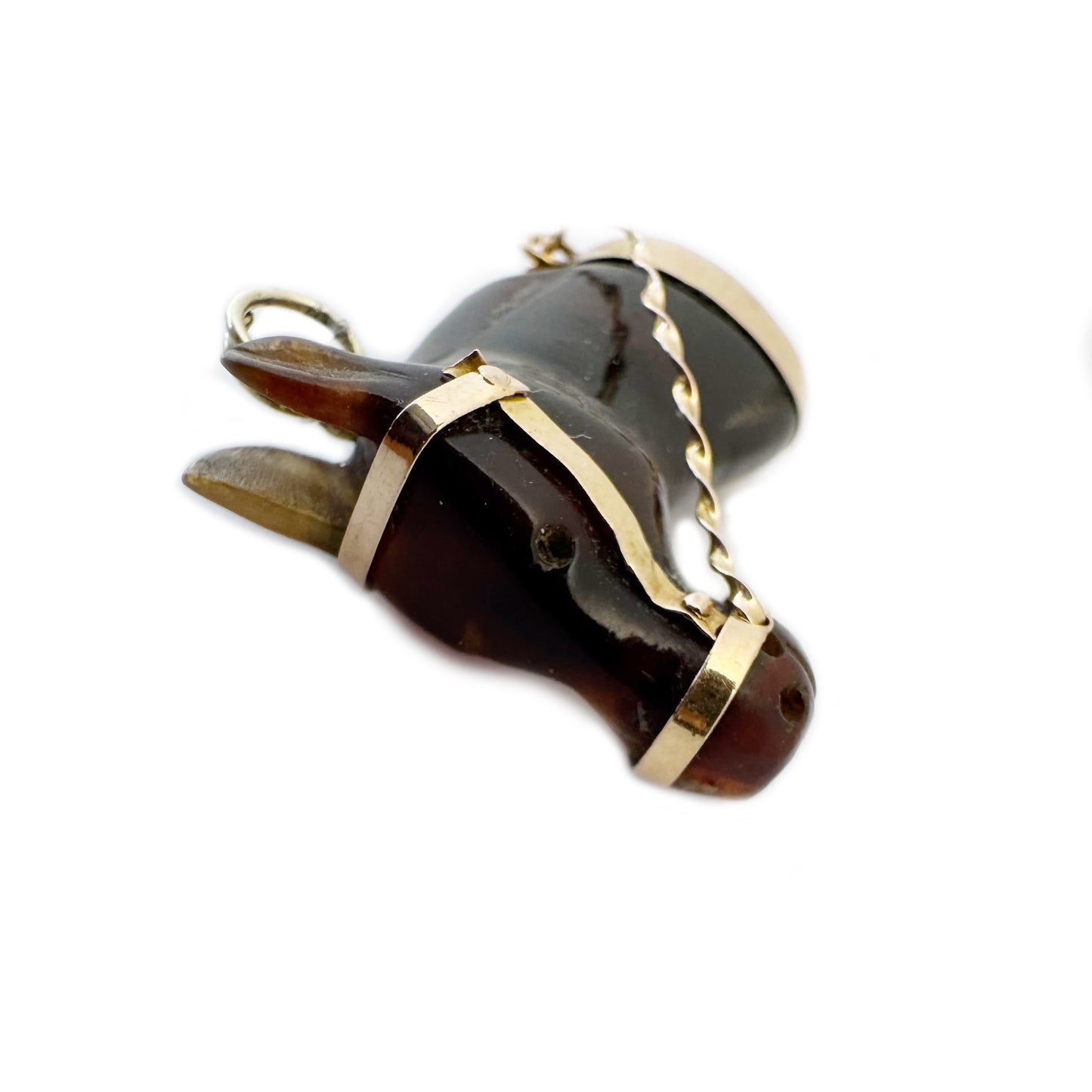 Vintage Horse Head Charm Pendant, Stained Horn & 14k Gold, Equestrian Jewellery, Mid Century Animal Talisman, Antique Style Gold Charm