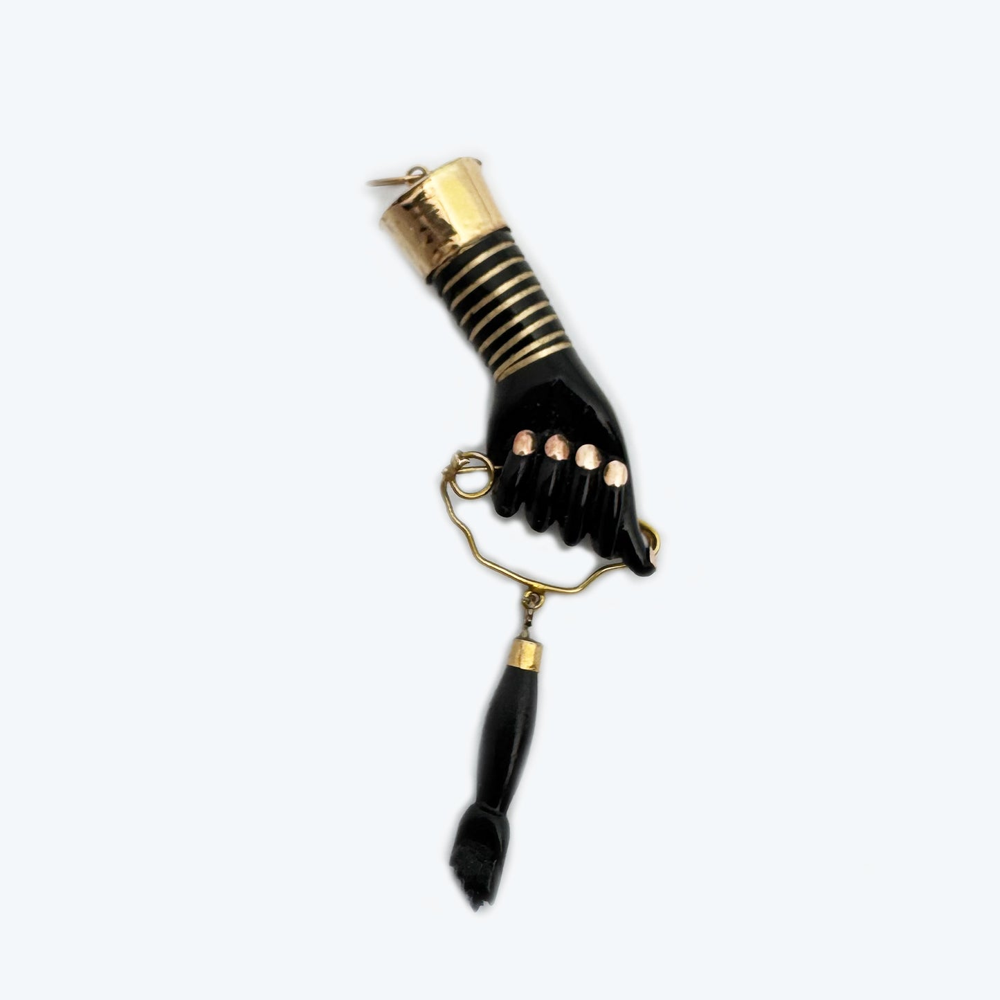 Vintage 14K Gold Black Resin Figa Hand Amulet, Evil Eye Charm