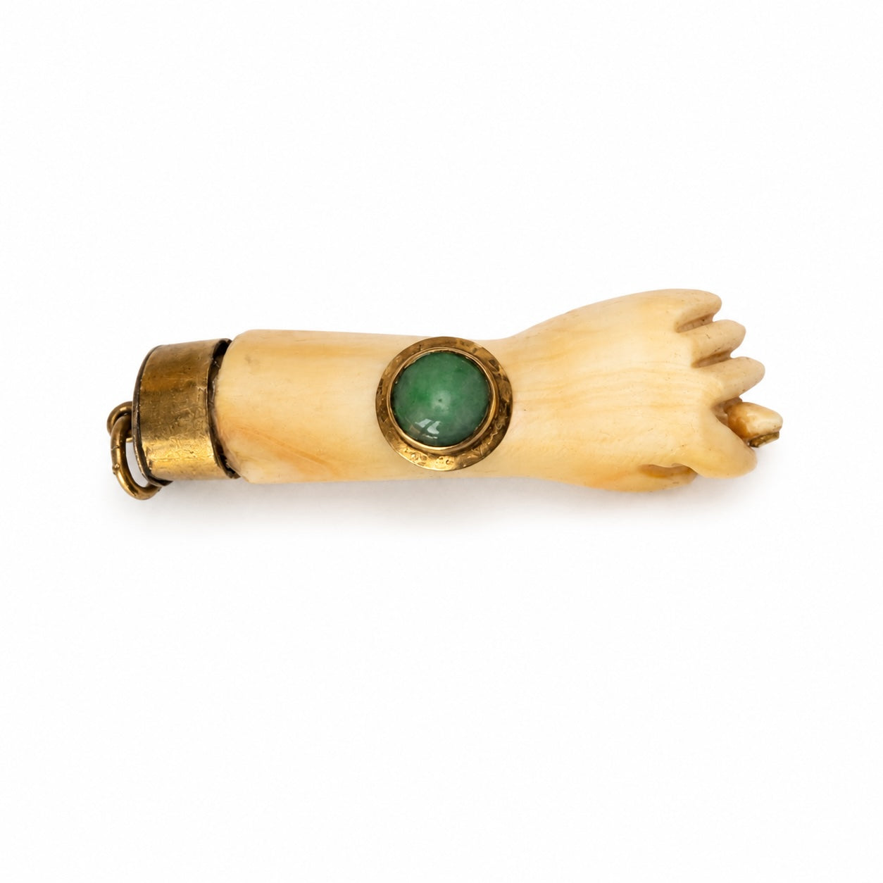 Antique 9K Gold Bone Figa Pendant, Mano Fico Hand Amulet, Lucky Charm, Green Cabochon, Evil Eye Talisman, Italian Fist Pendant