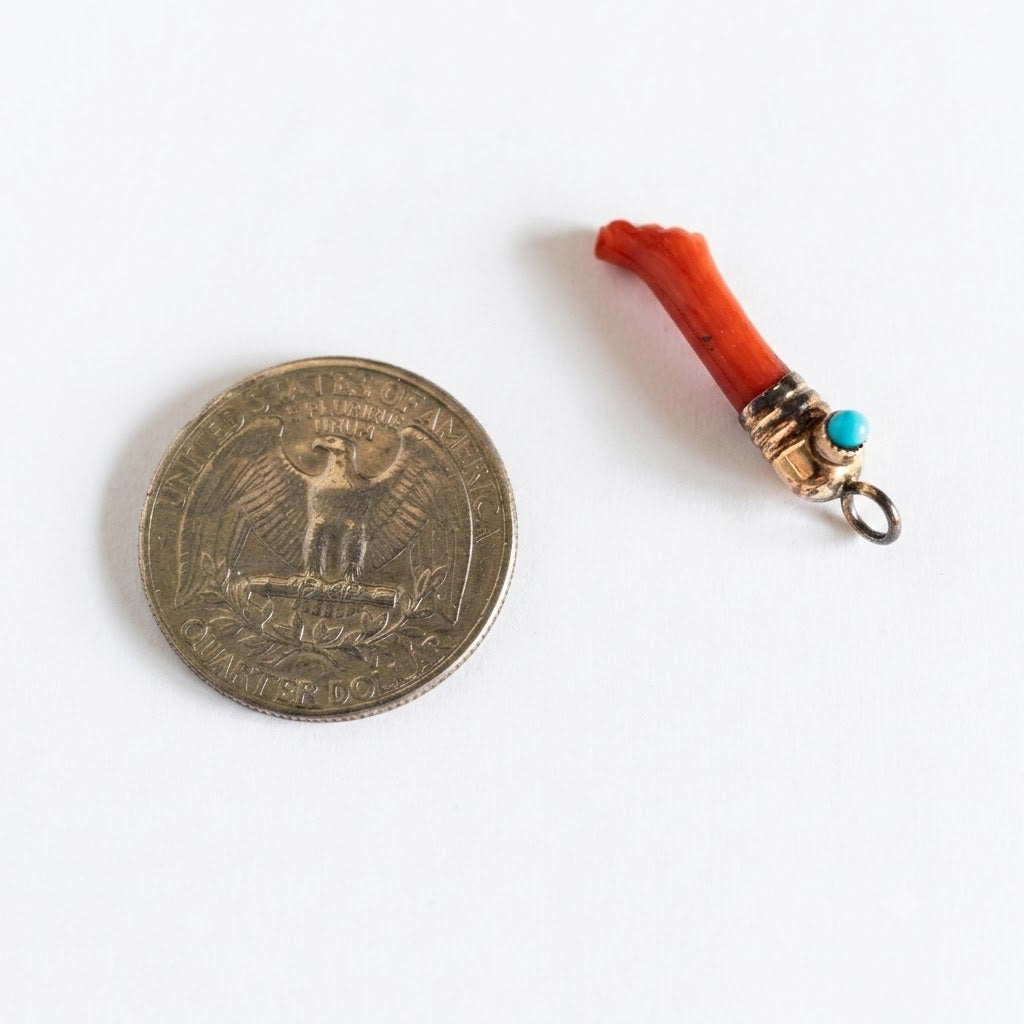 Antique Victorian Natural Coral Figa Pendant, Hand Carved Mano Fico, Gold Plated Hand Amulet, Lucky Talisman Charm, 19th Century Coral Hand