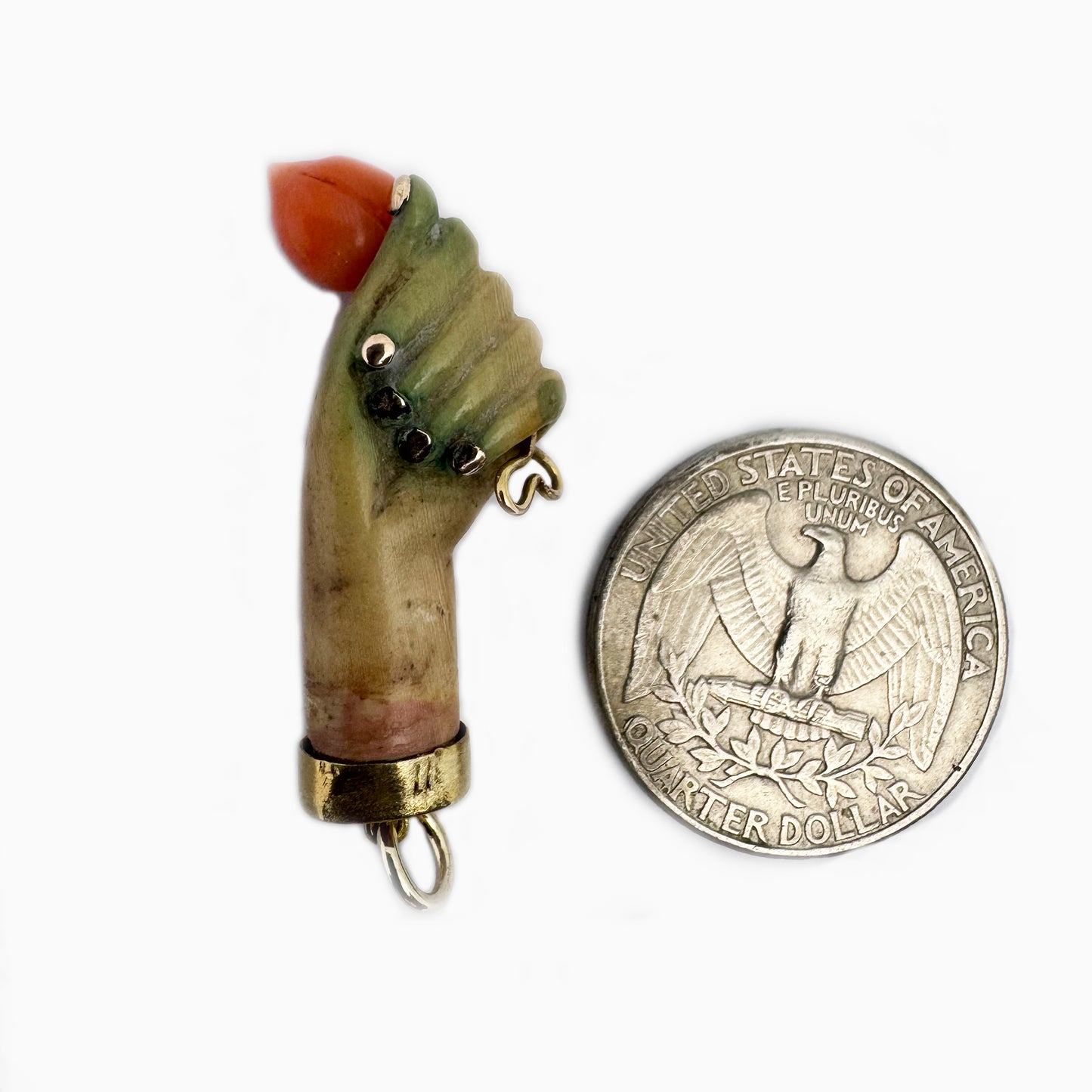 Victorian Bone Figa Pendant, 9k Gold & Coral, Mano Fico Amulet