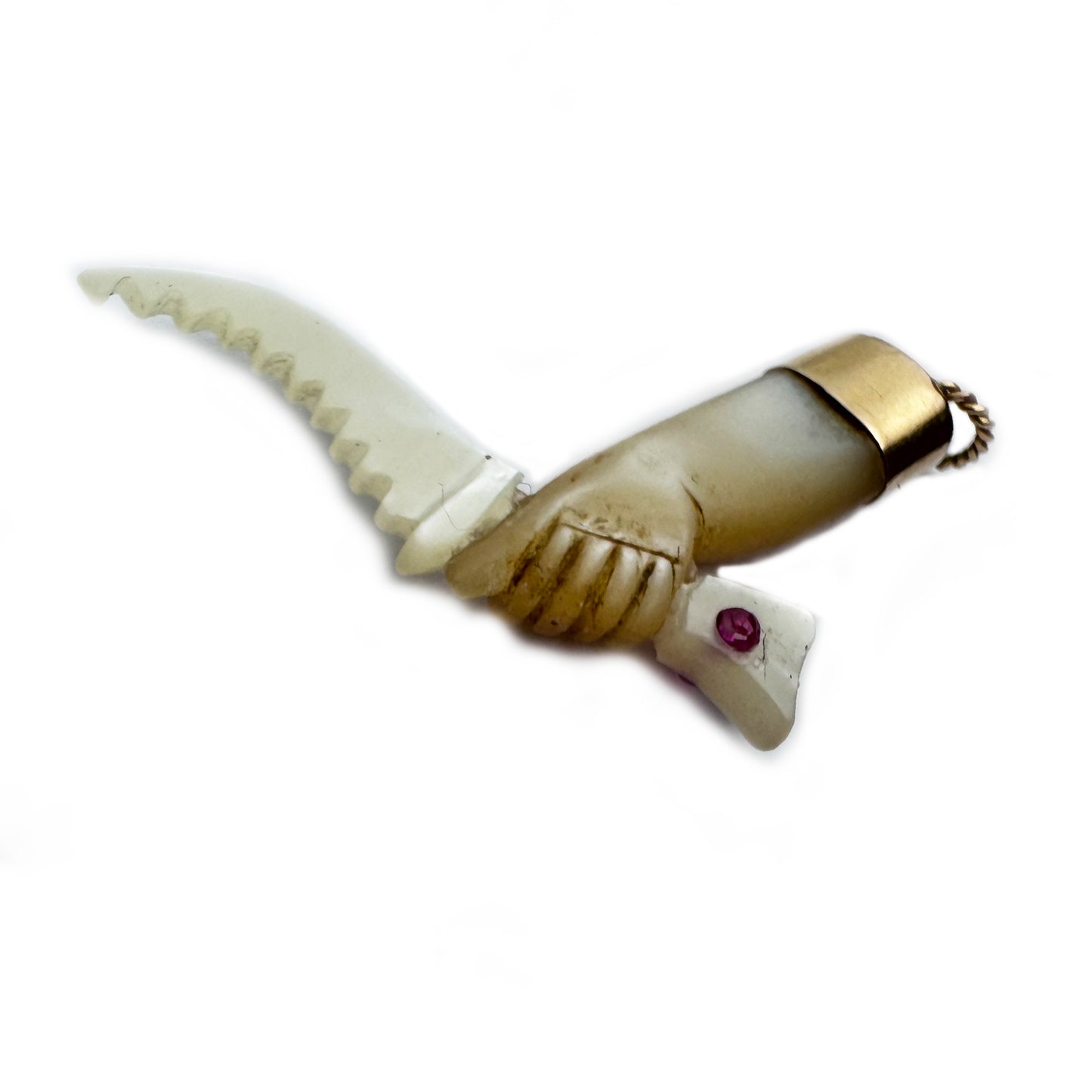 Antique 18k Gold Mother of Pearl Figa Charm with Knife, Mano Fico Talisman, Evil Eye Protection Pendant, c.1900