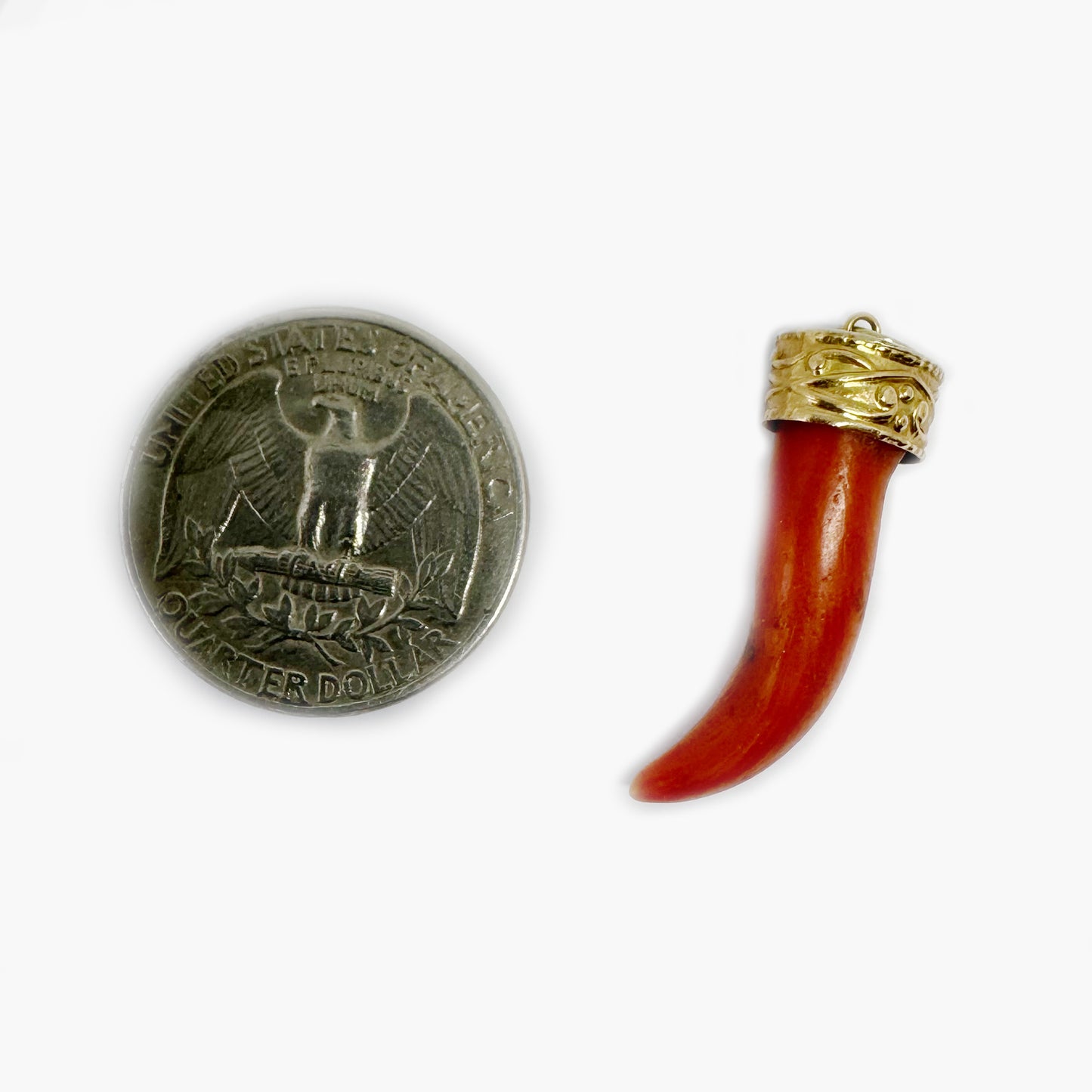 Antique 14k Rose Gold Coral Horn Pendant, 14 ct Gold Amulet, Mediterranean Coral, Natural Coral, Jewelry, Cornicello, Evil Eye, Corno Charm