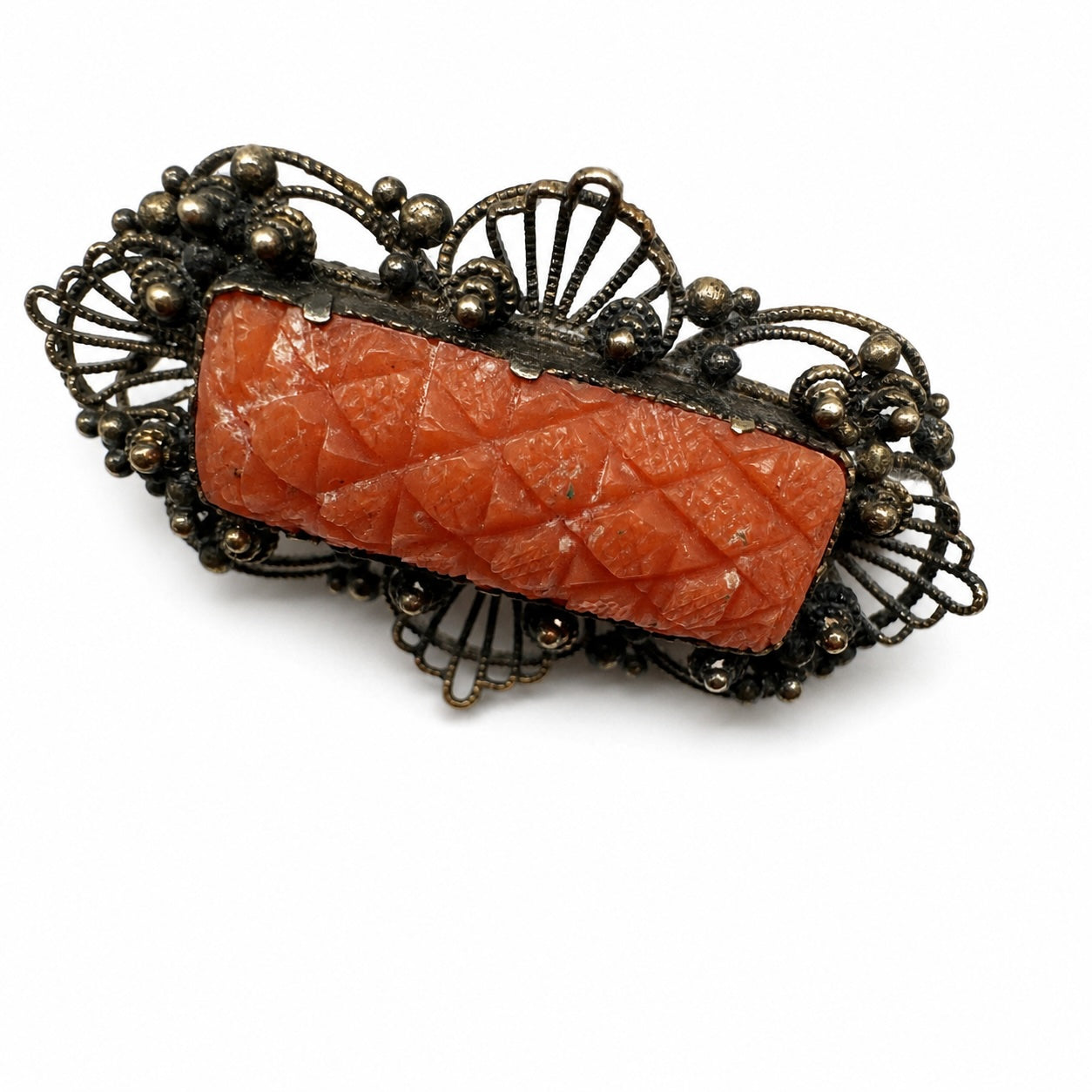 Georgian Coral Brooch 14K Gold Filigree Lace Pin, Hand Carved Natural Coral, Regency Fichu Pin, Antique Coral Jewellery, c.1820