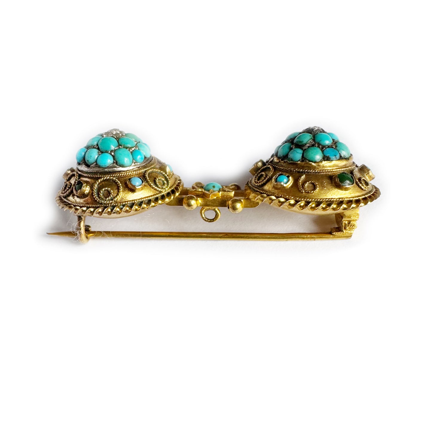 Antique Victorian 15k Gold Brooch, Etruscan Revival Turquoise Diamond Pin, 15ct Double Brooch, 1800s Ancient Italian Style Classical Jewelry