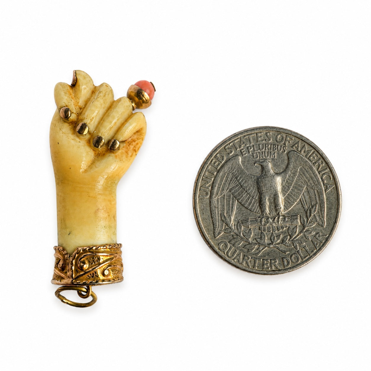 Antique Victorian Bone Figa Hand Pendant, 14k Gold & Coral Mano Fico Amulet, Lucky Talisman, Evil Eye Protection, Figa Charm