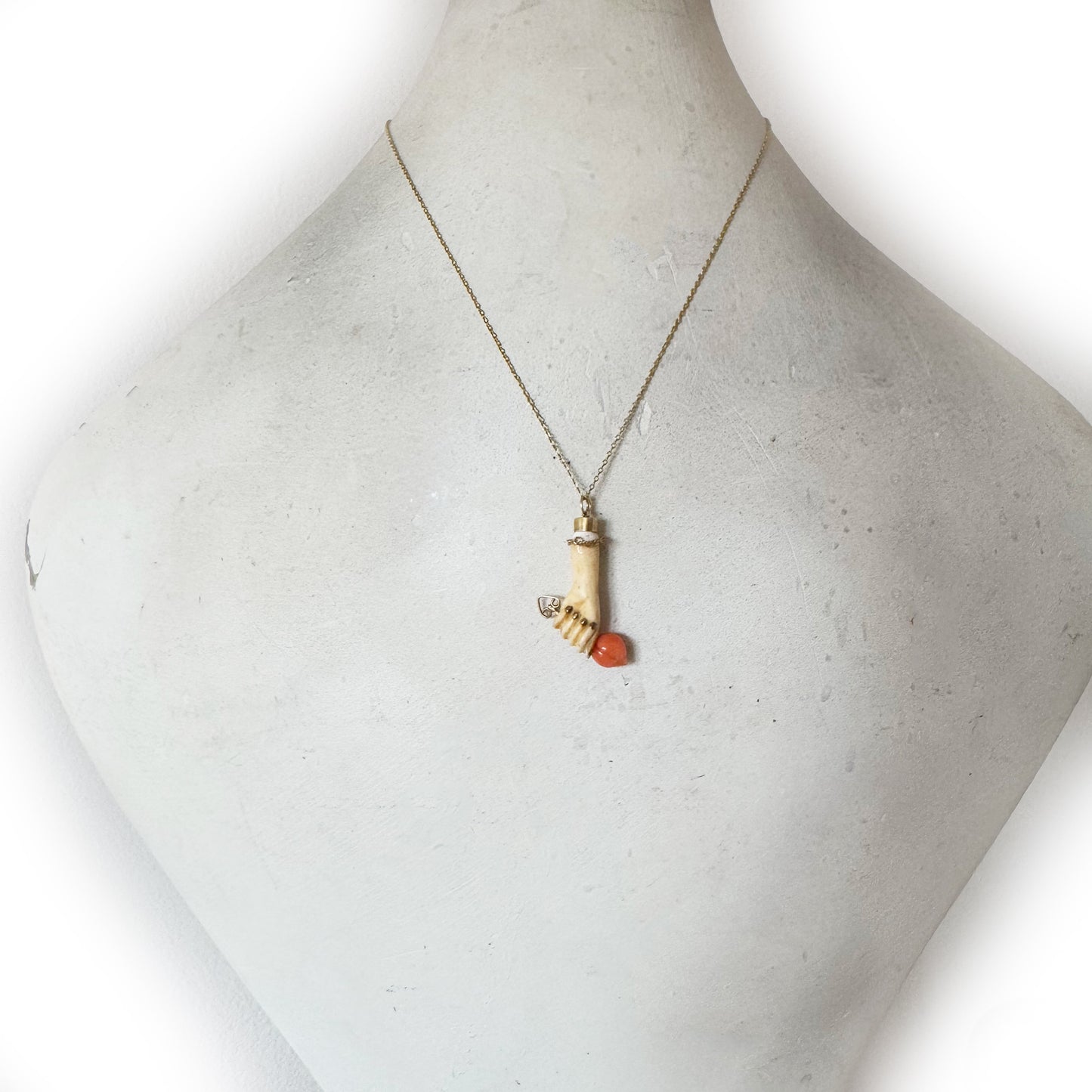 Antique Victorian Bone Figa Pendant with 9k Gold Details and Coral Rose, 19th-Century Italian Mano Fico Amulet