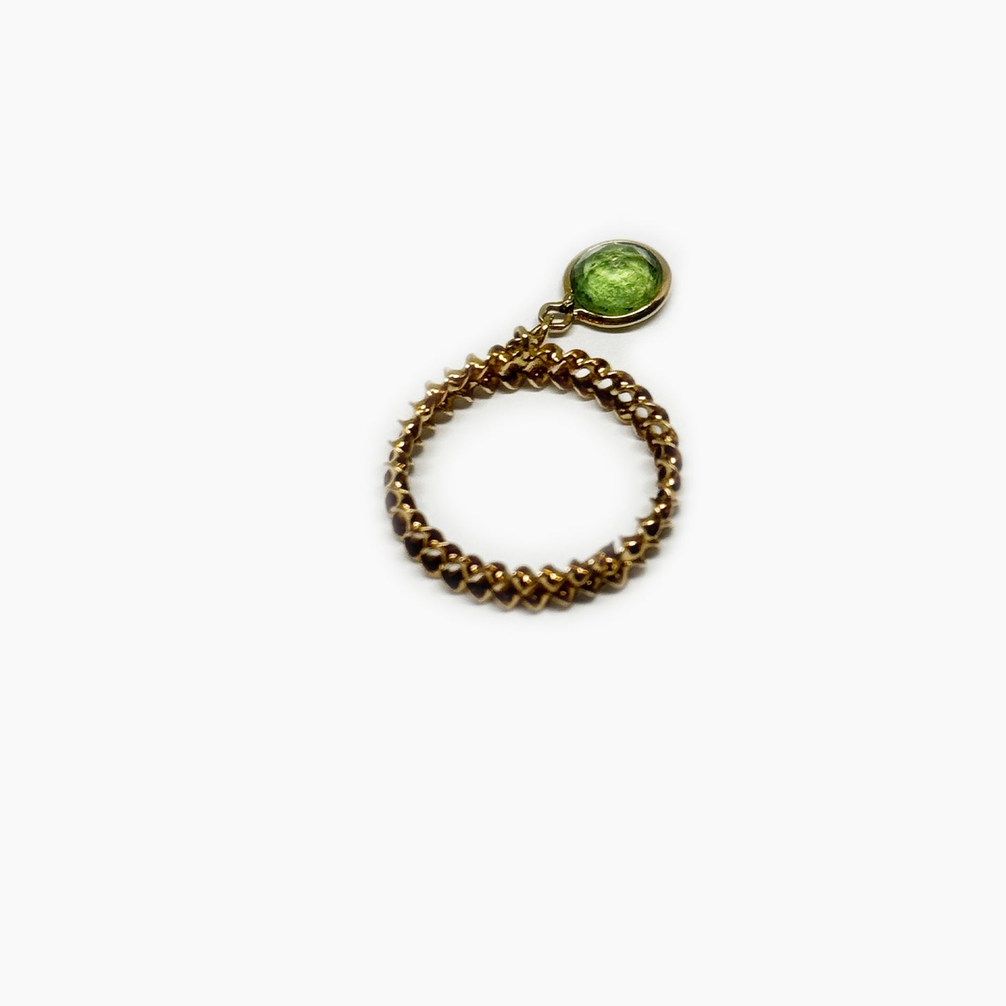 Vintage 18k Gold Charm Ring, Green Stone Twisted Gold Ring, Dangle Gemstone Ring, 18 ct Gold Ring, Gold Braid Band, Twisted Gold Ring 1960s