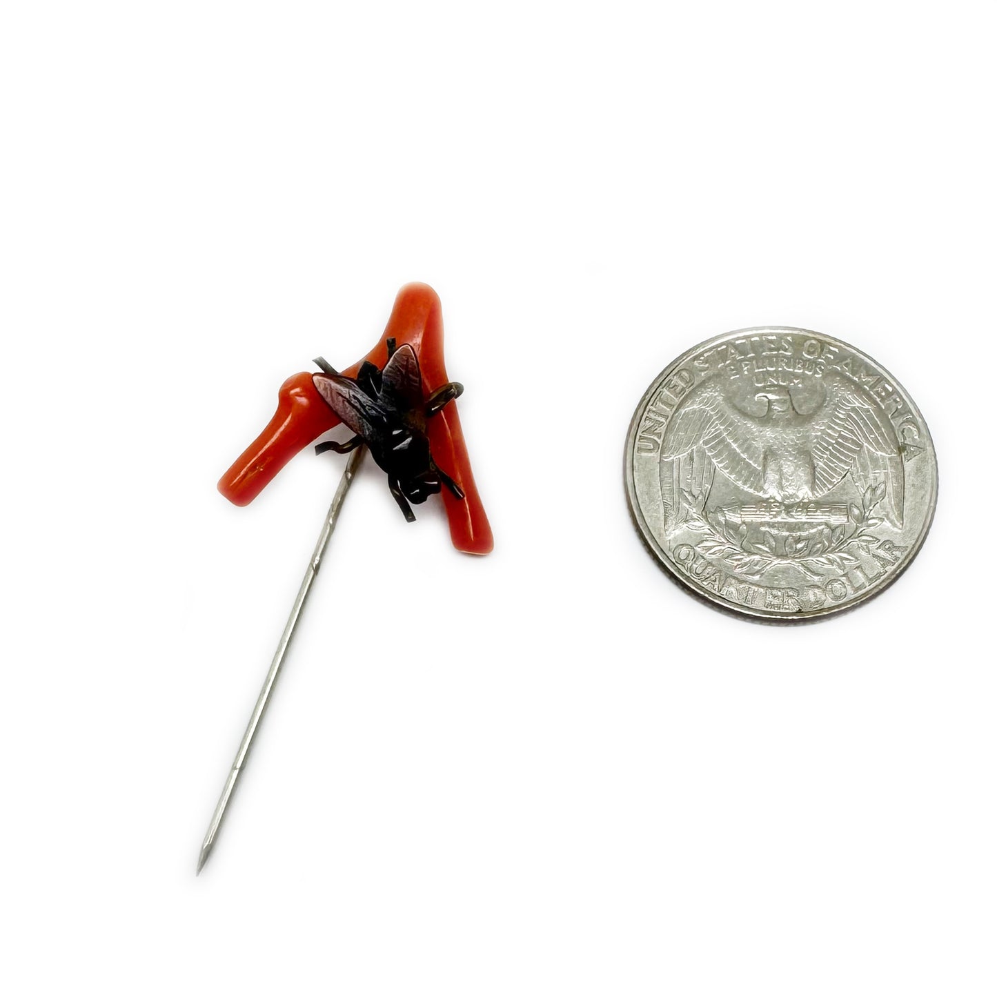 Antique Coral Pin, Victorian Coral Branch Stick Pin Brooch, Carved Horn Fly Insect Tie Pin, Novelty Treasure, Lucky