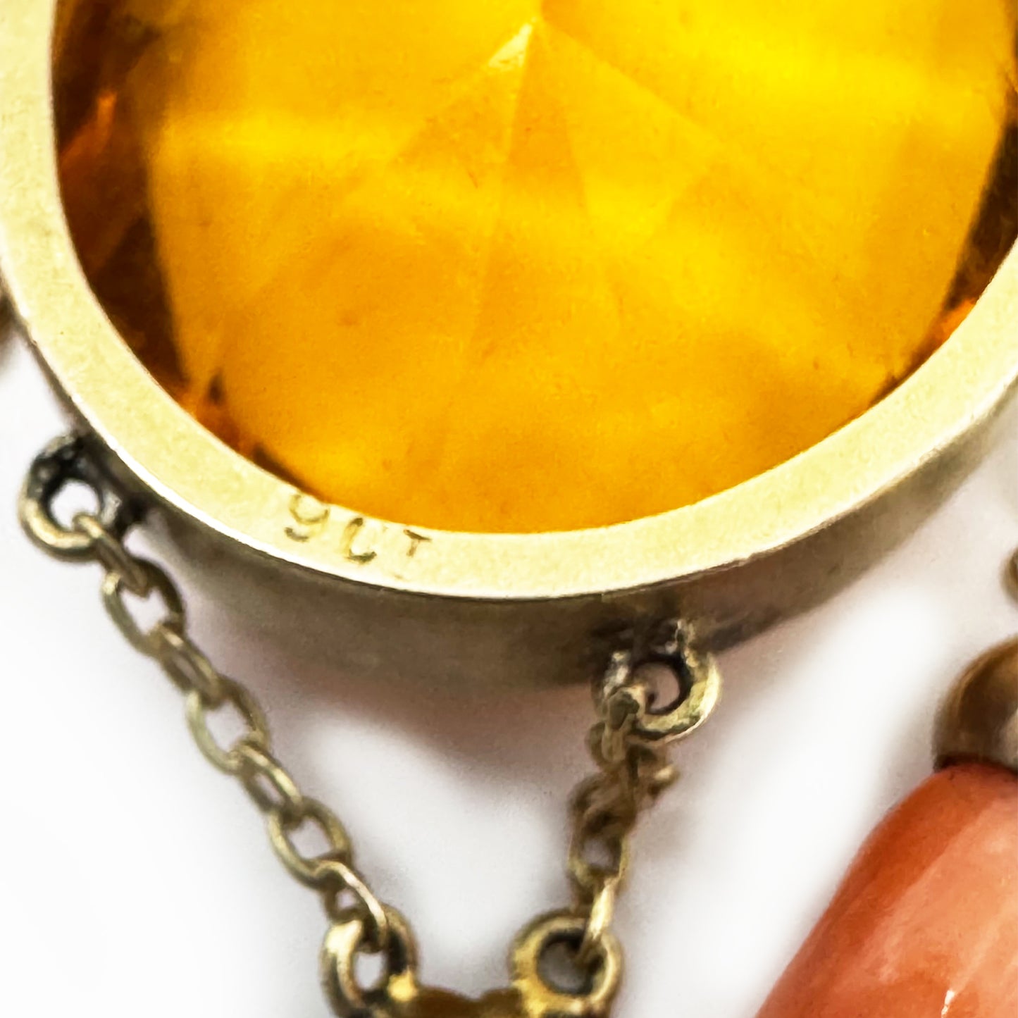 Edwardian 9ct Gold Festoon Pendant, Coral Bud Drops, Citrine Colour Glass Stone