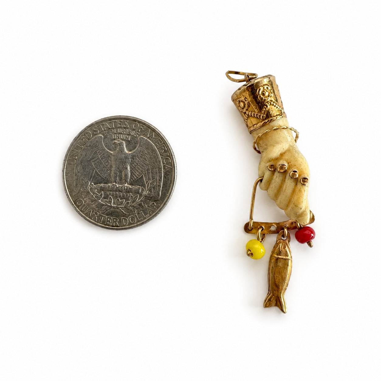 Antique 14k Gold Mano Figa Pendant: Victorian Bone Charm with Fish, Hand Pendant, Lucky Charm
