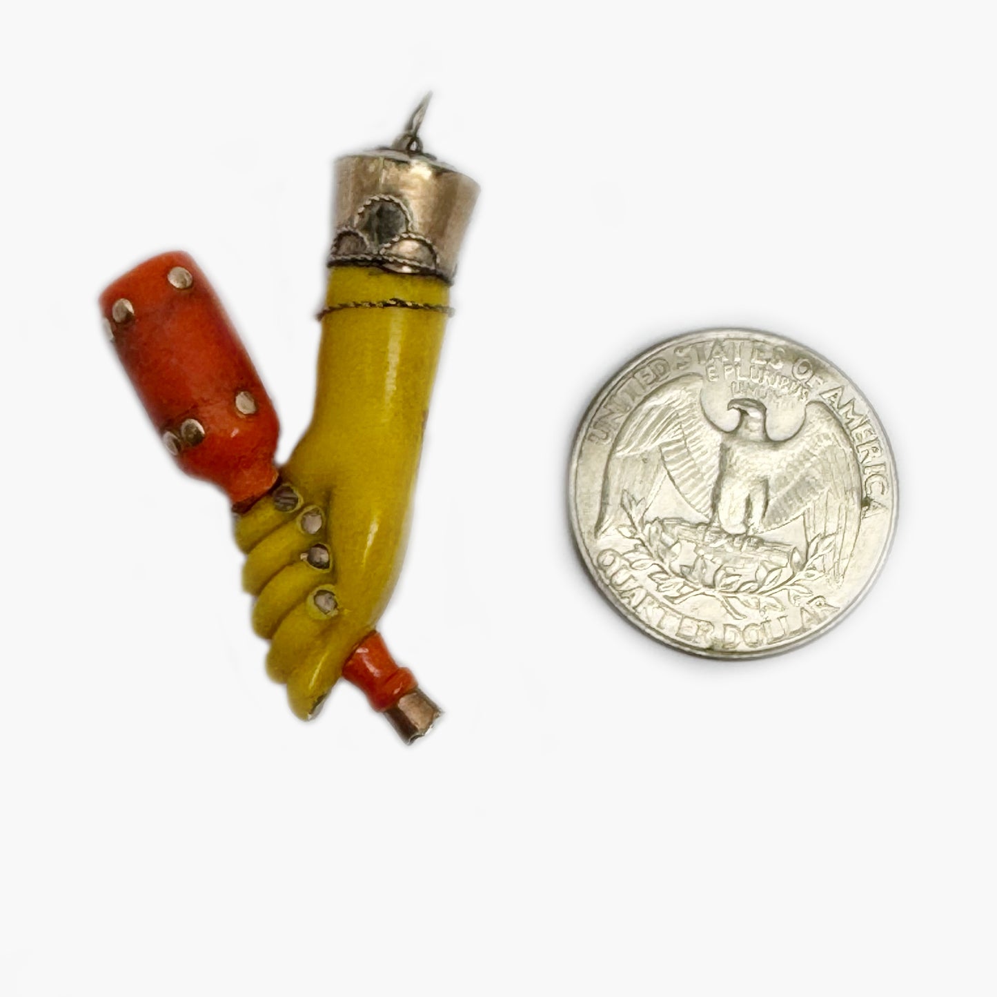 Vintage Mid-Century Resin Mano Fico Amulet with Bottle Charm, Rose-Gold Plated Setting, Folk Art Talisman, Curious Ex-Voto Style Pendant