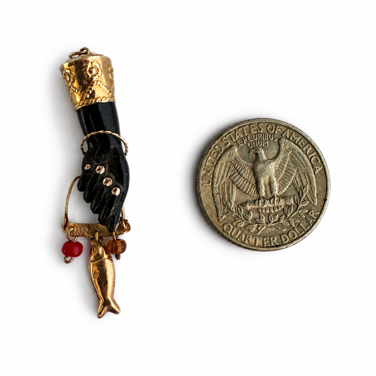 Antique 18K Gold & Stained Horn Figa Pendant, Mano Fico Lucky Charm, Fig Hand Amulet with Fish Charm, Italian Talisman, Victorian Pendant