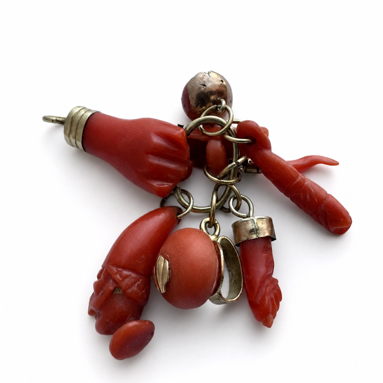 Antique Victorian Coral Figa Hand Pendant, 9K Gold Fist Lucky Charm, Talismans, Mediterranean Amulet