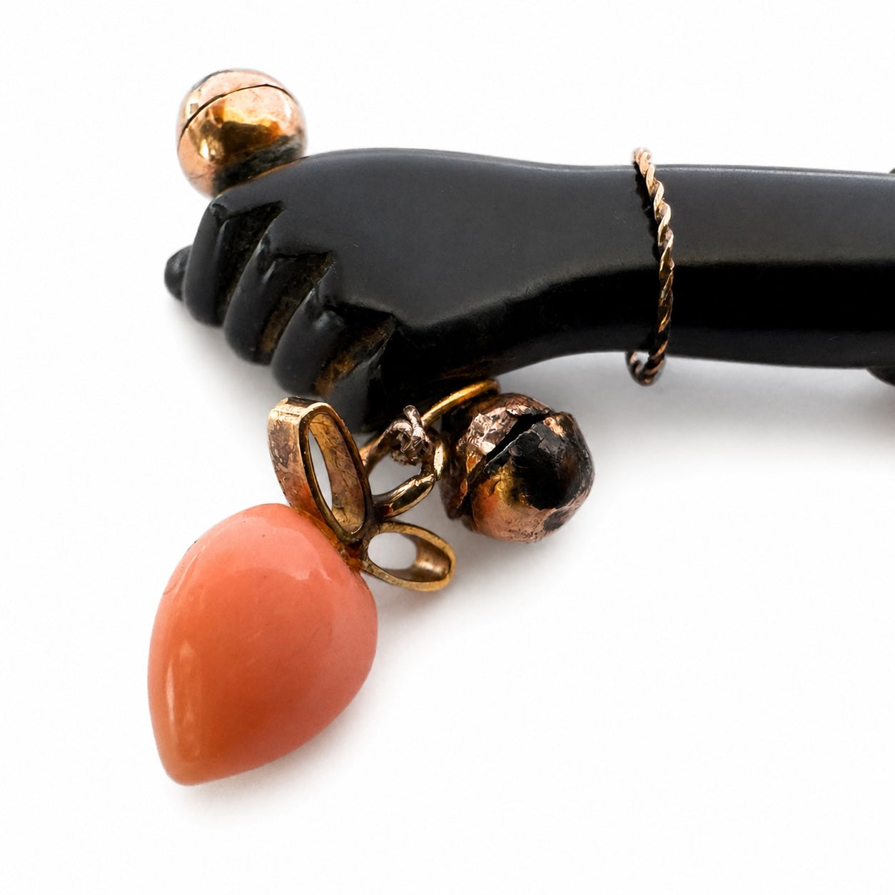 Antique 9k Gold Black Figa Pendant, Coral Heart Charm, Lucky Hand Amulet, Mano Fico, Italian Good Luck Talisman, 1920s Charm