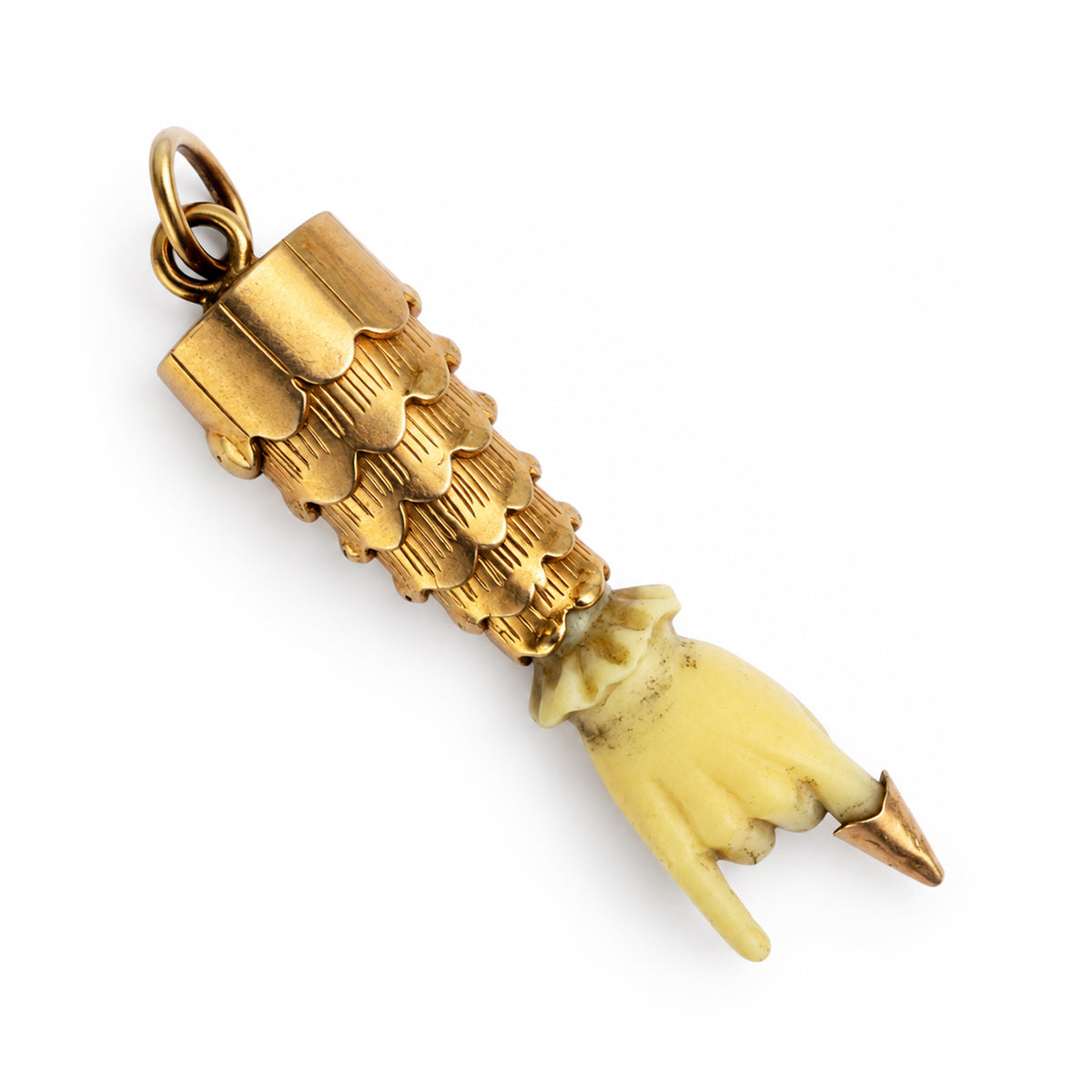 Antique Victorian 18k Gold Mano Cornuto Charm, Bone Horned Hand Figa Amulet, Italian Evil Eye Talisman, Articulated Lucky Pendant