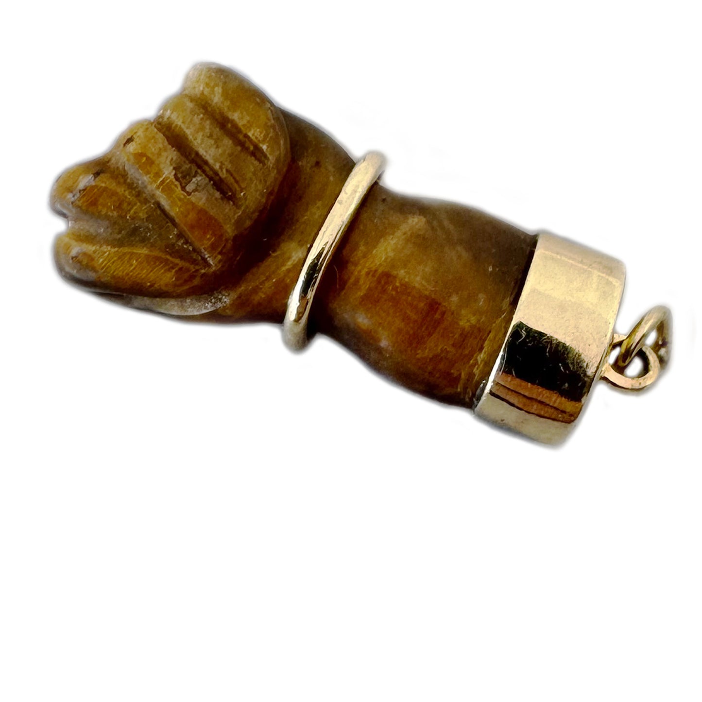 Vintage Tiger’s Eye Figa Charm in 18k Gold, Italian Mano Fico Pendant, Protective Hand Talisman, Mid Century Lucky Charm