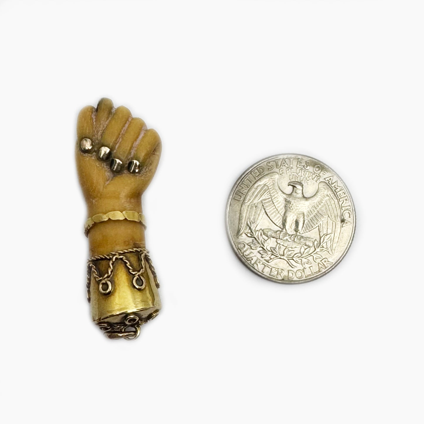 Antique Victorian Bone Figa Mano Fico Pendant, 18k Gold Mounted Hand Amulet, c.1800s Lucky Charm
