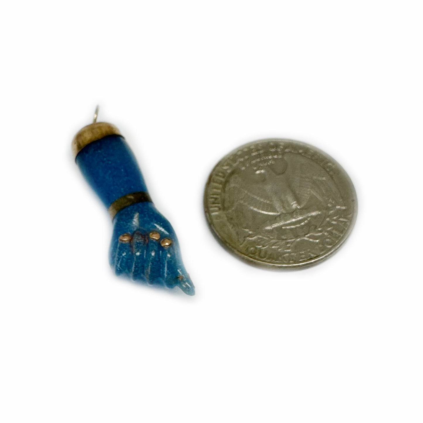 Vintage 1950s 9k Gold Blue Figa Charm, Carved Resine Hand Amulet, Vintage Mano Fico, Lucky Fist Pendant