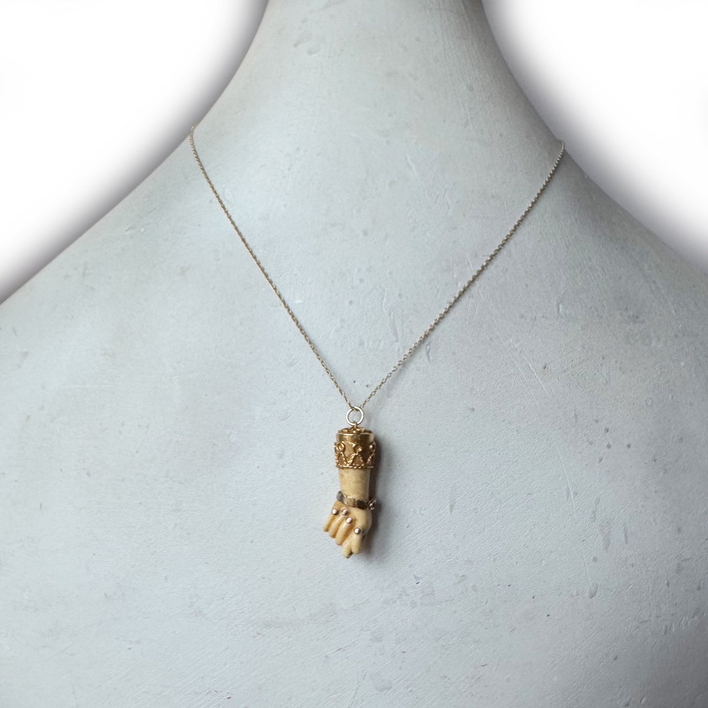 Antique Victorian Bone Figa Mano Fico Pendant, 18k Gold Mounted Hand Amulet, c.1800s Lucky Charm