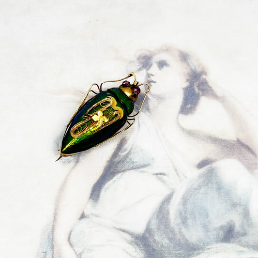 Antique Scarab Beetle Brooch, 9k Gold Victorian Green Jewel Beetle Pin, Vintage Real Green Beetle Gold Pin 9 ct Gold, Egyptian Revival