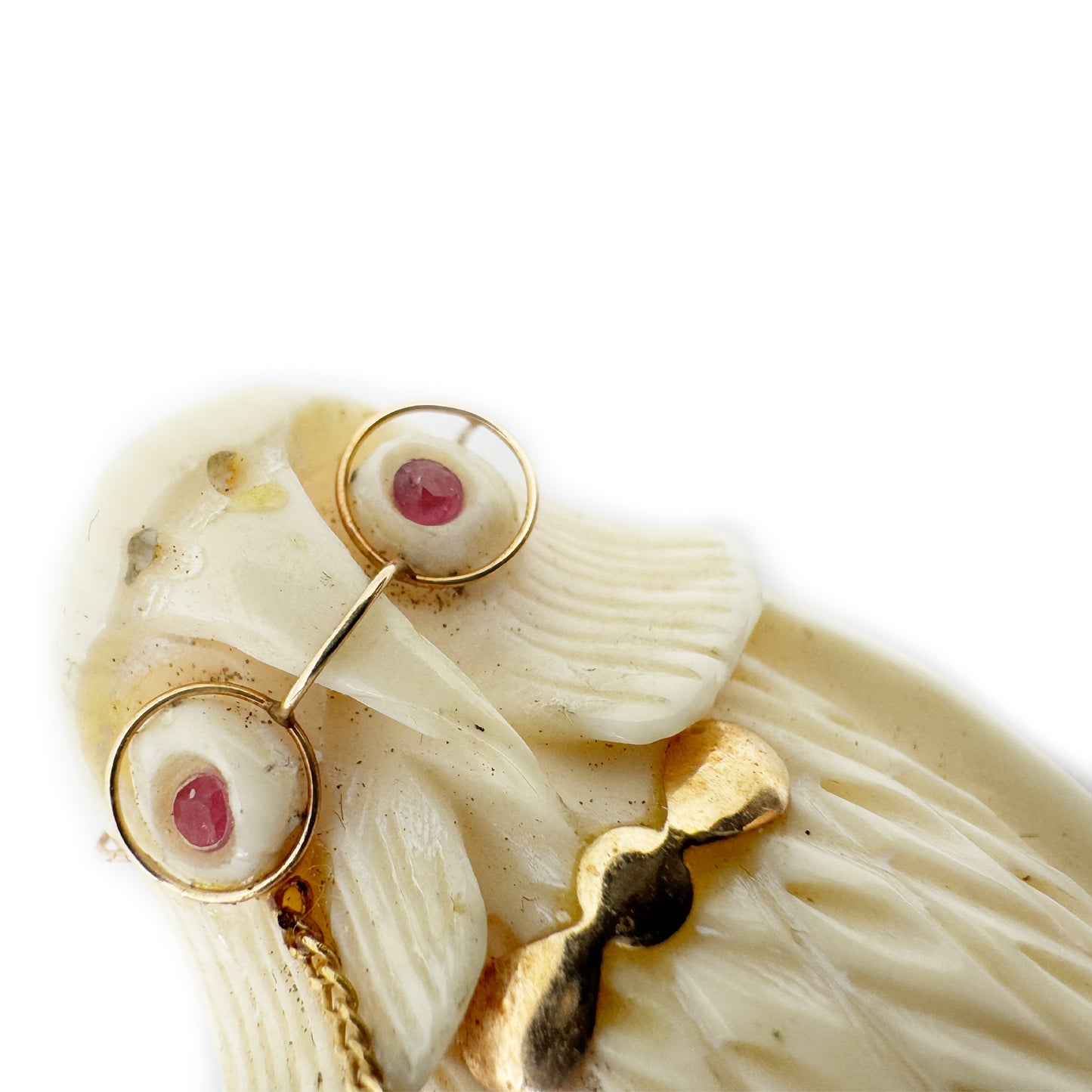 Vintage 14K Gold Owl Pendant With Glasses, Carved Bone Owl Charm, Ruby Eye Owl Necklace Pendant, Mid Century Novelty Jewellery, Wise Charm