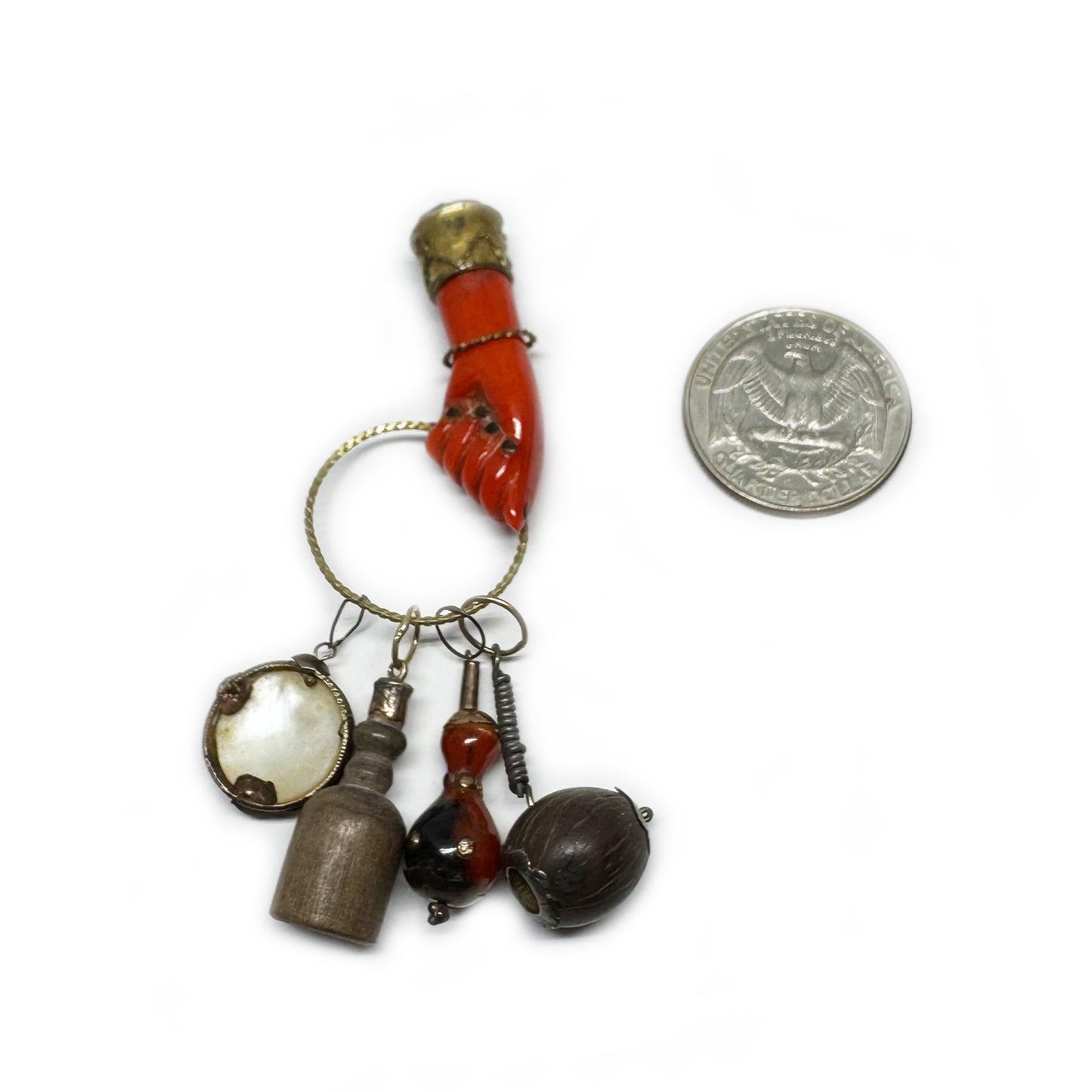 Vintage 1960s Red Figa Charm, Mano Fico Amulet with Mini Charms, Metal Bakelite Fist, Brazilian Lucky Talisman Jewelry