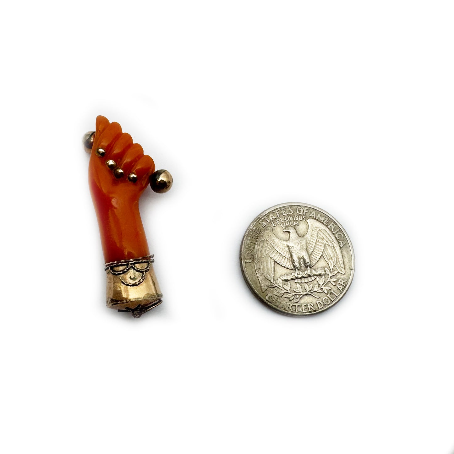 Antique 9k Rose Gold Galalith Figa Pendant, 9 ct Gold Orange Good Luck Charm, Mano Fico