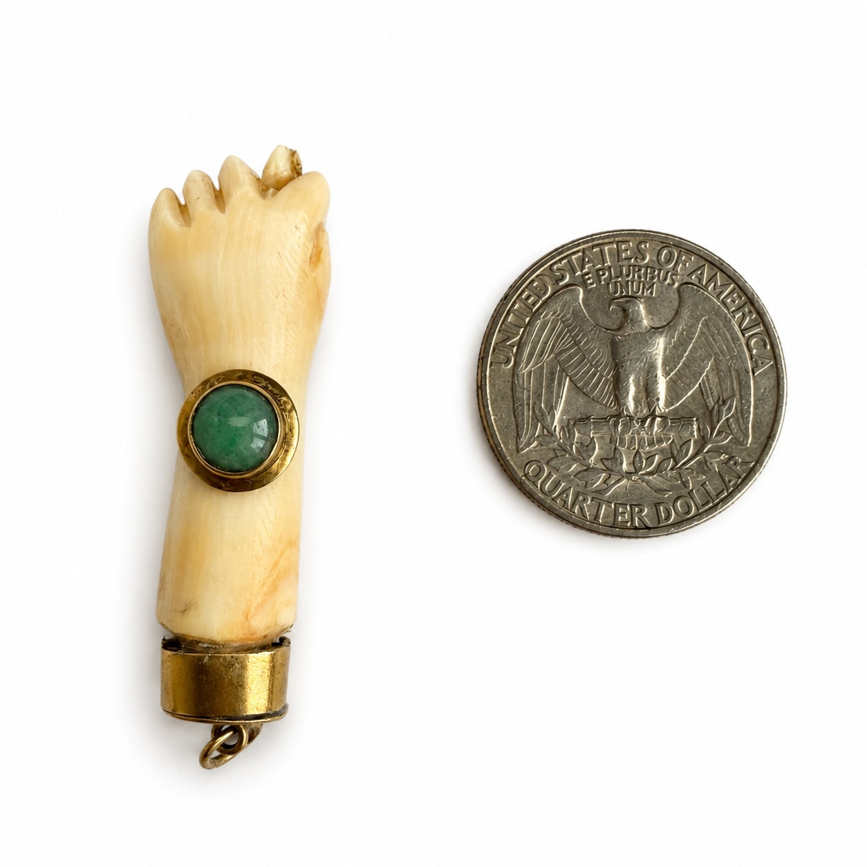 Antique 9K Gold Bone Figa Pendant, Mano Fico Hand Amulet, Lucky Charm, Green Cabochon, Evil Eye Talisman, Italian Fist Pendant