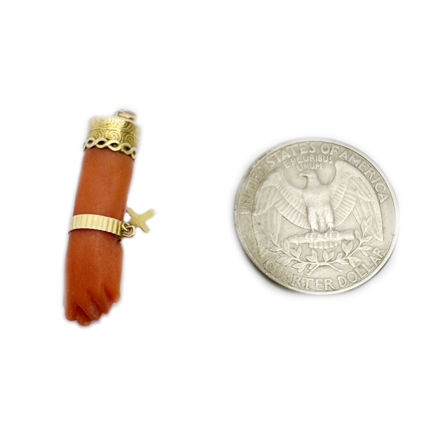 Antique 18k Gold Coral Figa Pendant, Victorian Mano Fico Charm, Mediterranean Amulet,  Lucky Hand