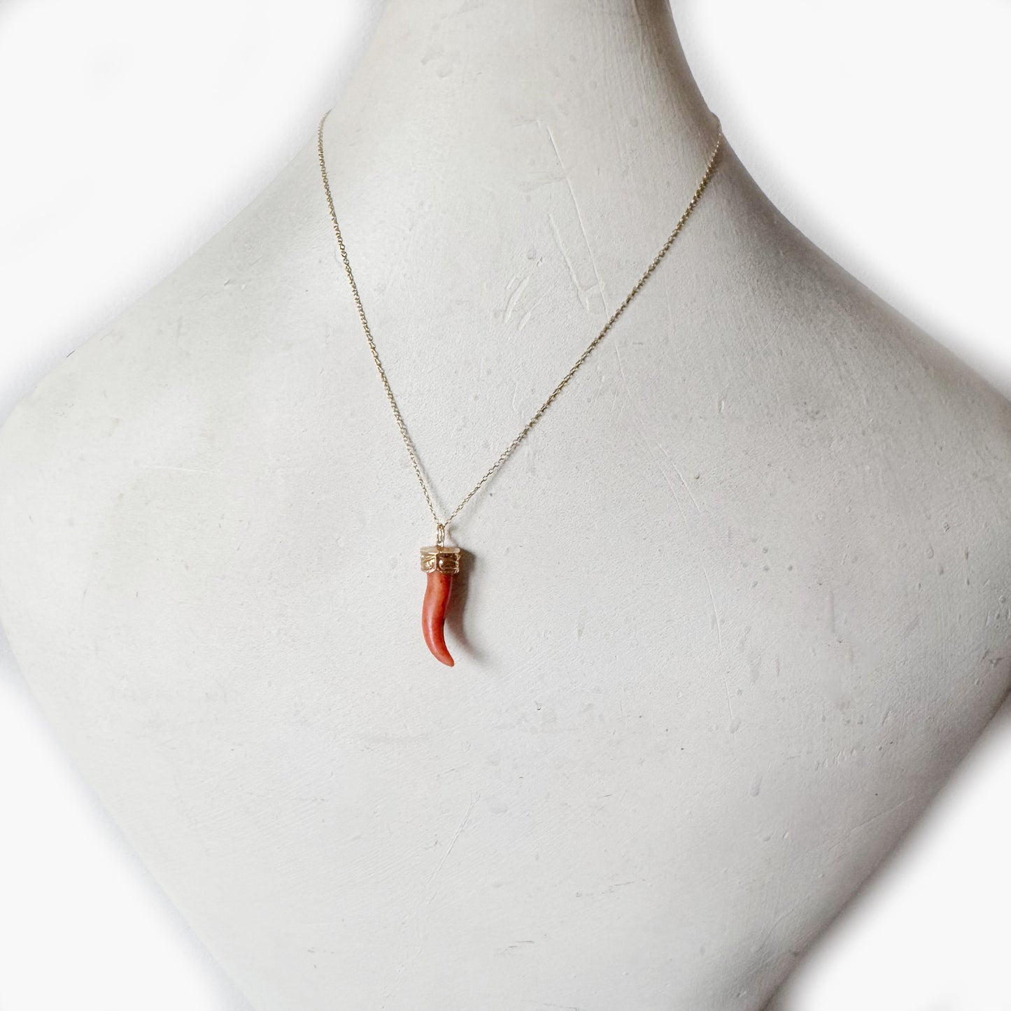 Antique 14k Rose Gold Coral Horn Pendant, 14 ct Gold Amulet, Mediterranean Coral, Natural Coral, Jewelry, Cornicello, Evil Eye, Corno Charm