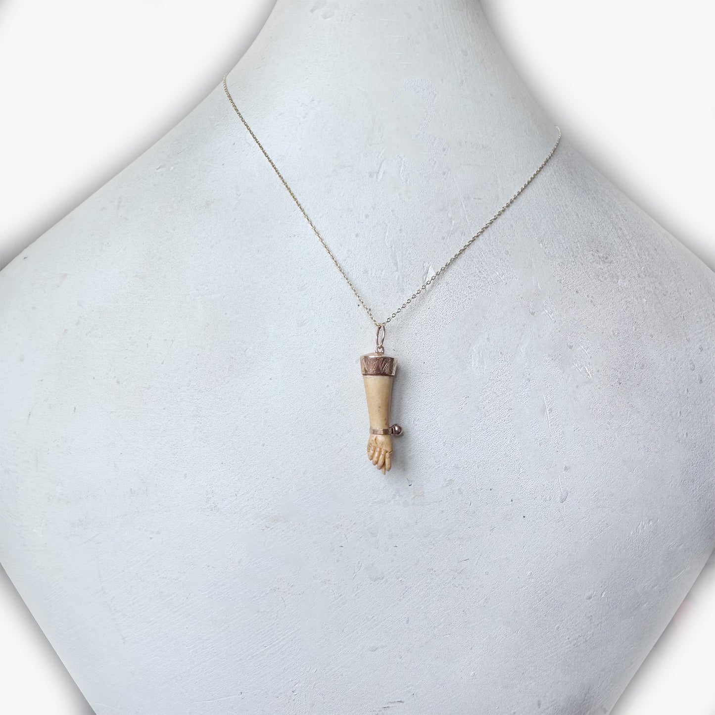 Antique Victorian Bone Figa Hand Pendant, 14k Gold Amulet Charm, Mano Fico Lucky Hand