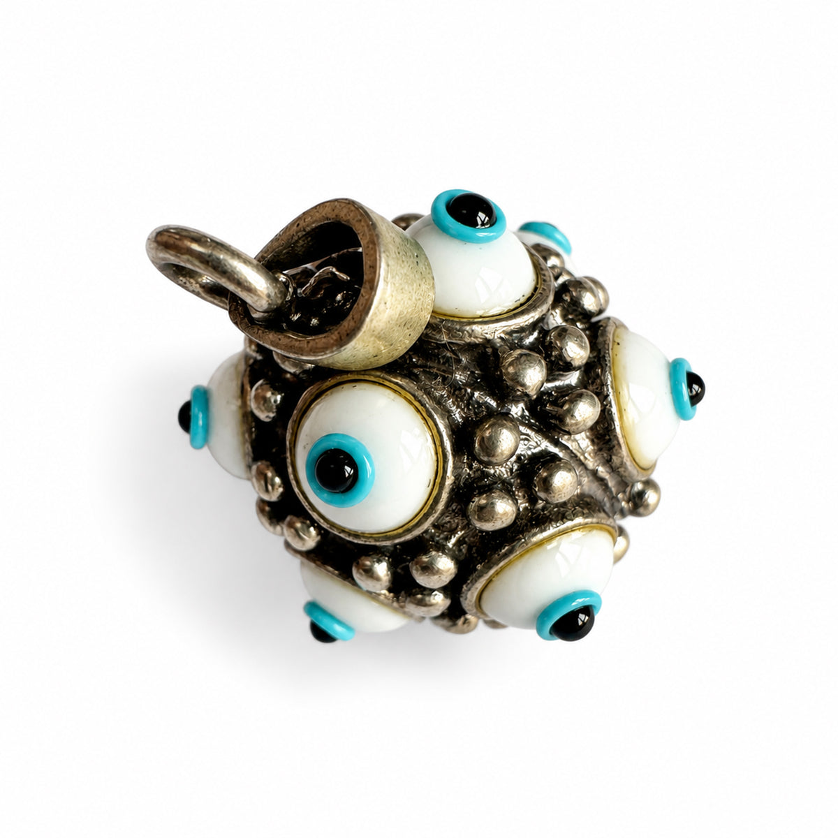 Vintage 925 Sterling Silver Multi Evil Eye Pendant, 12 Glass Nazar Eyes, Hollow Orb Protection Amulet, Unisex Jewelry