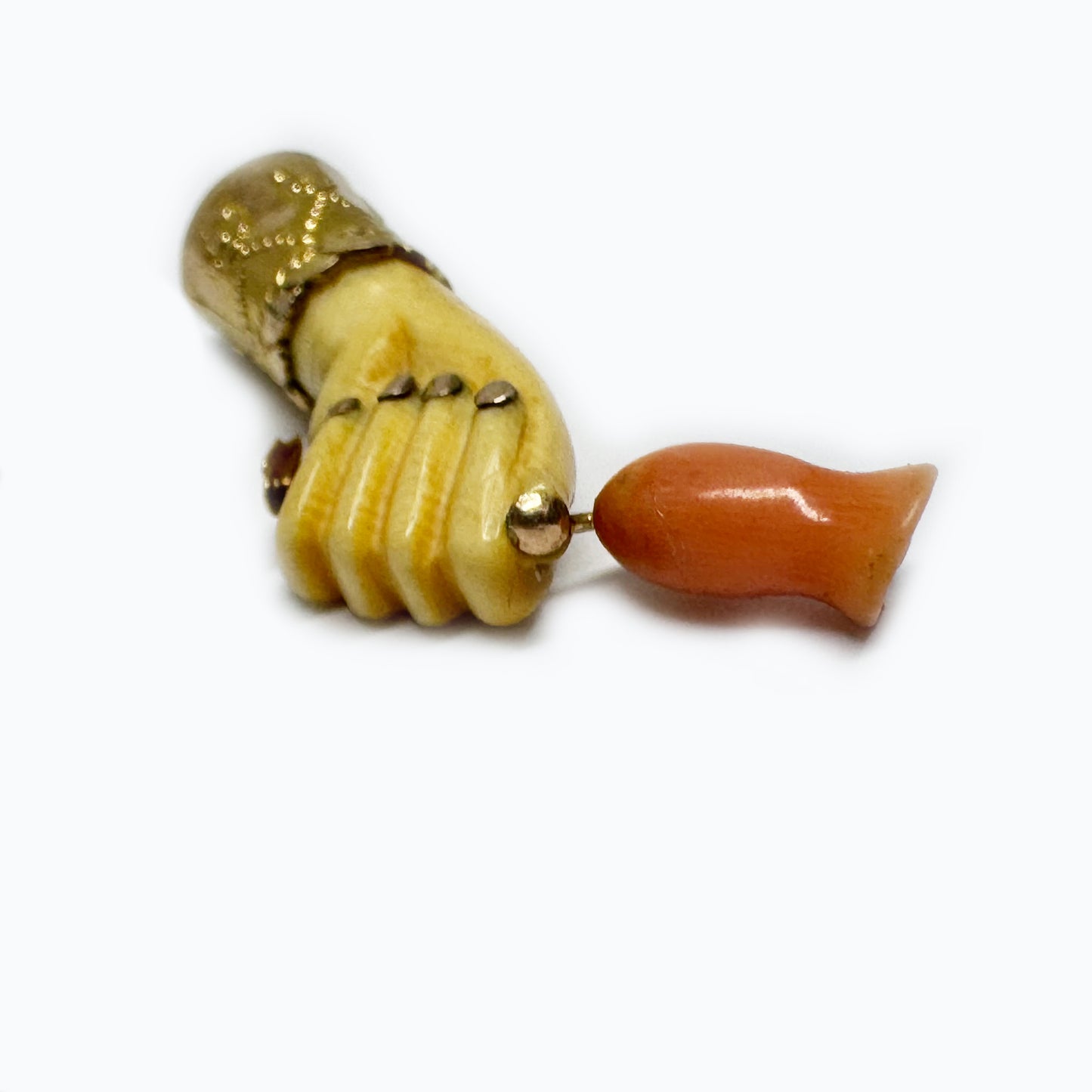 Antique 9k Gold Bone Figa Pendant, Victorian Coral Flower Amulet