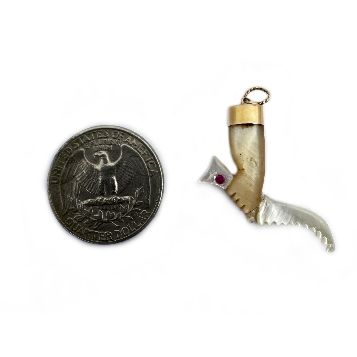 Antique 18k Gold Mother of Pearl Figa Charm with Knife, Mano Fico Talisman, Evil Eye Protection Pendant, c.1900