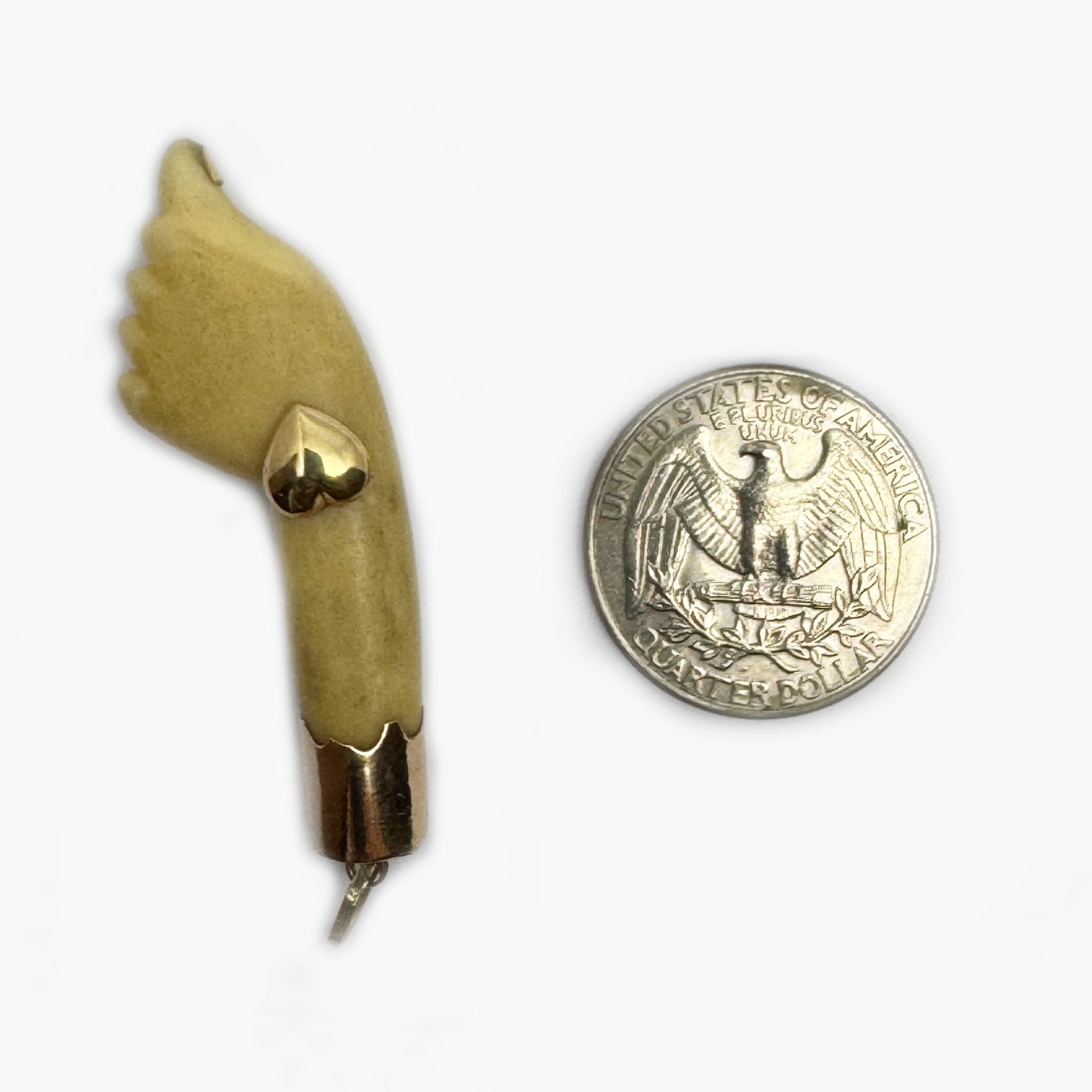 1950s Bone Fist Pendant in 14k Gold, Vintage Ex-Voto Amulet with Heart & Nails, Carved Bone Charm, Rare Symbolic Antique Jewellery