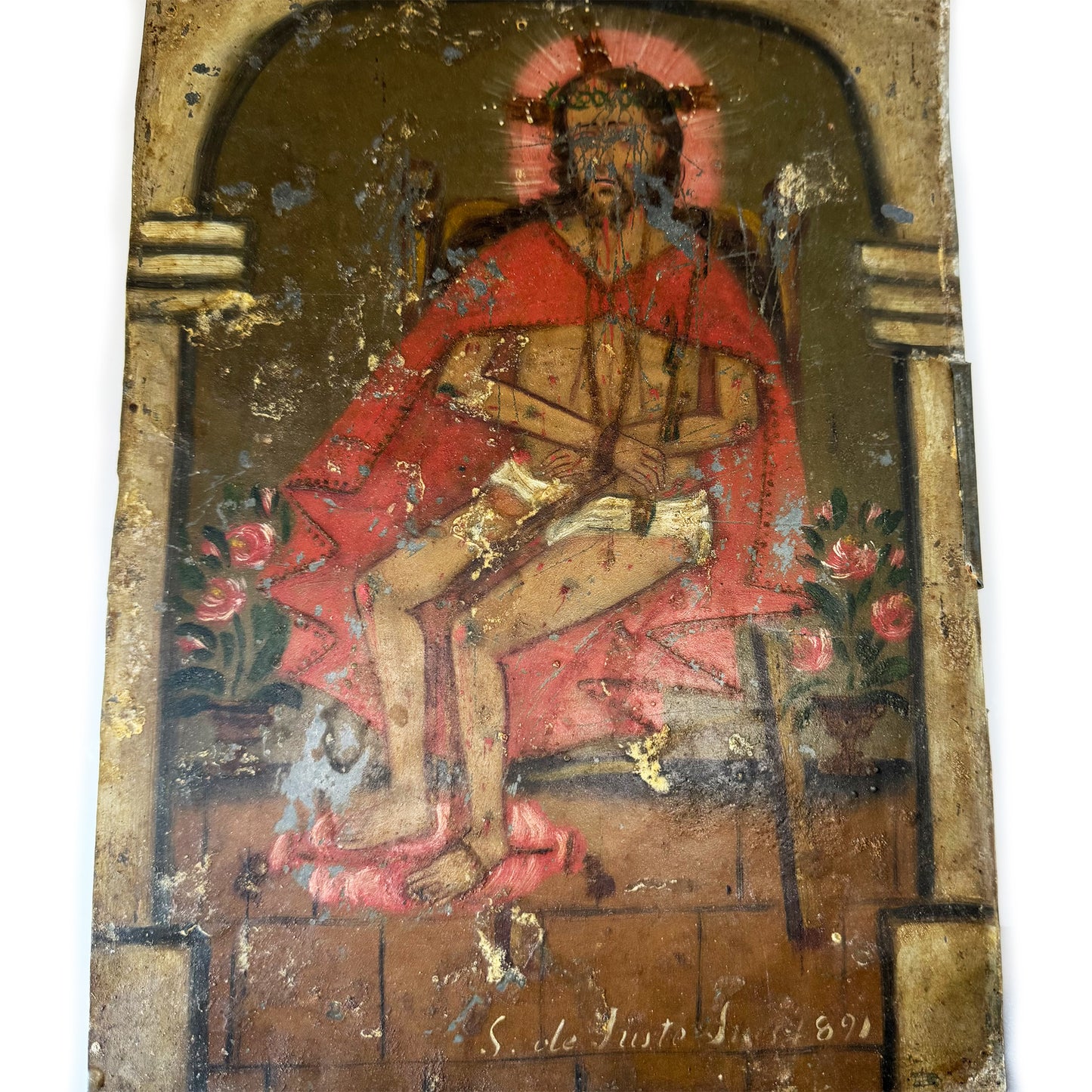 Antique Christ Mocked Painting on Tin Metal Panel, Ex Voto Religious Folk Art, 1891 Sacred Heart Icon, Primitive Catholic Devotional Art