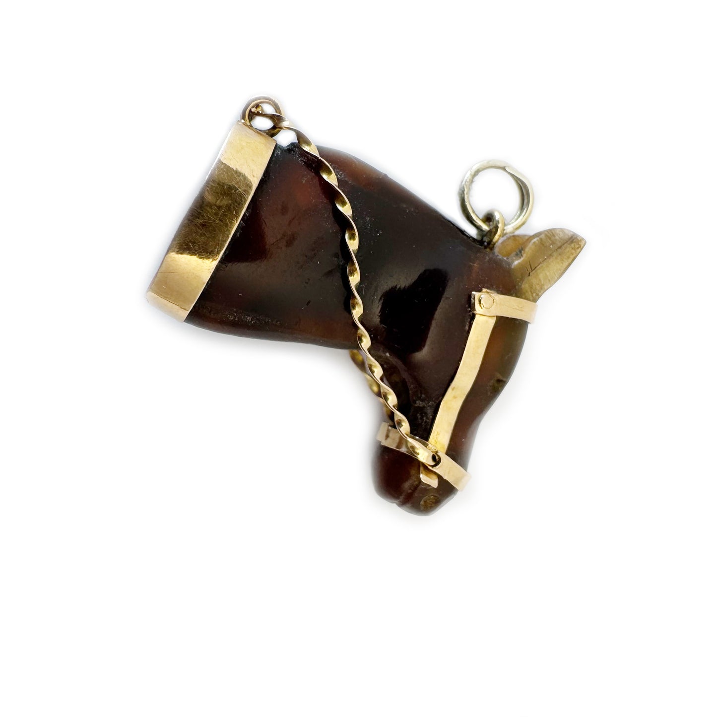 Vintage Horse Head Charm Pendant, Stained Horn & 14k Gold, Equestrian Jewellery, Mid Century Animal Talisman, Antique Style Gold Charm