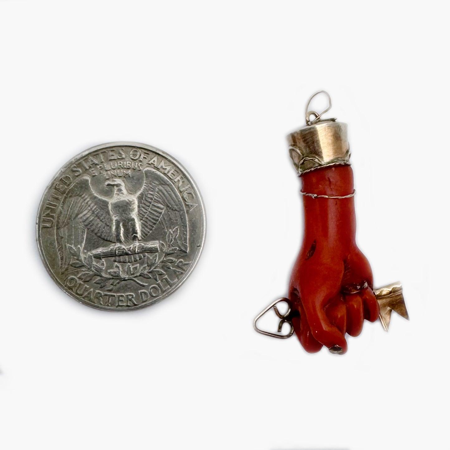 Antique Victorian Coral Figa Charm, 9k Gold Mano Fico Fist Pendant with Gold Key, Lucky Amulet