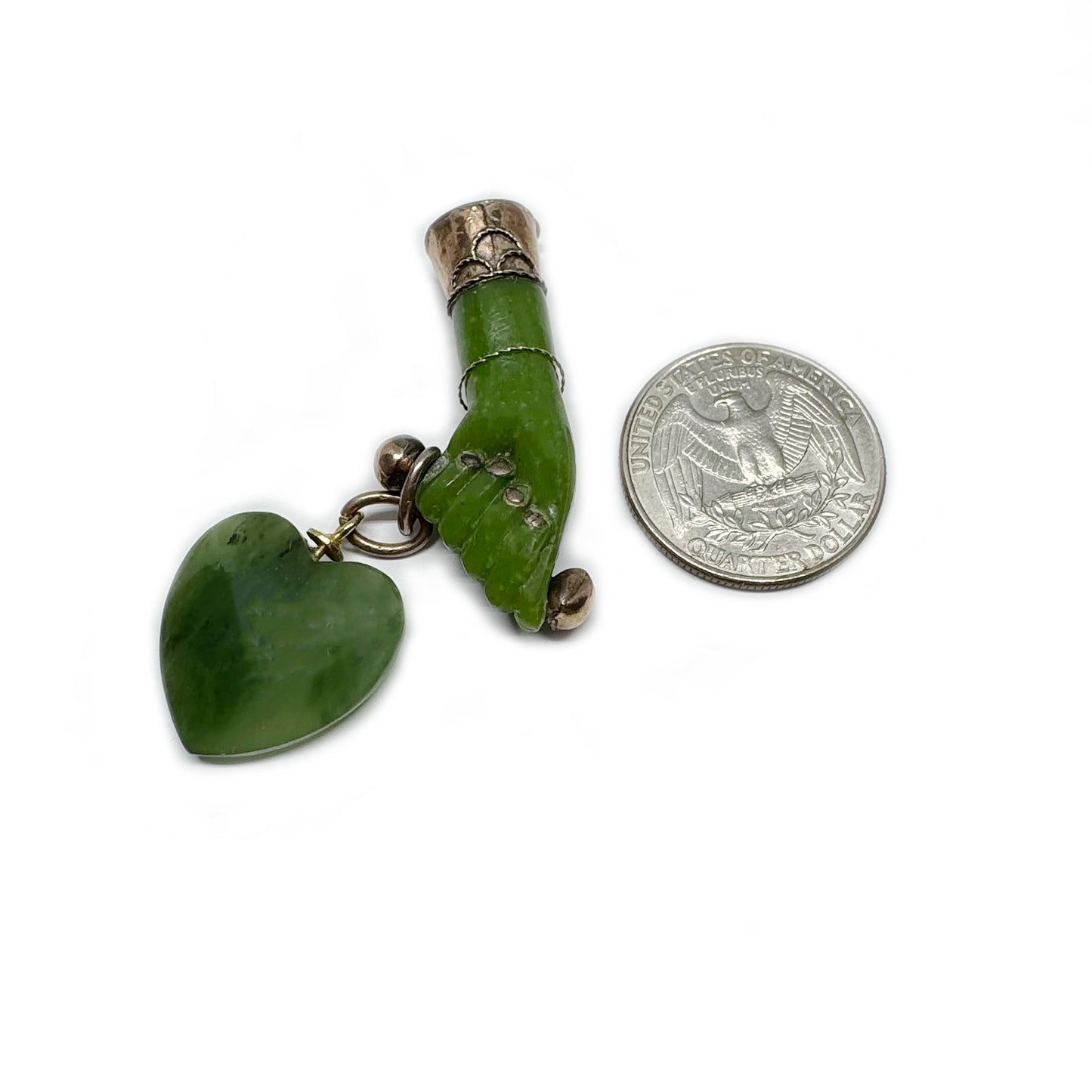Vintage Green Figa Hand Pendant, Quartz Heart Charm, Resin Fist Amulet, Gold-Tone Mount, Lucky Protection Charm