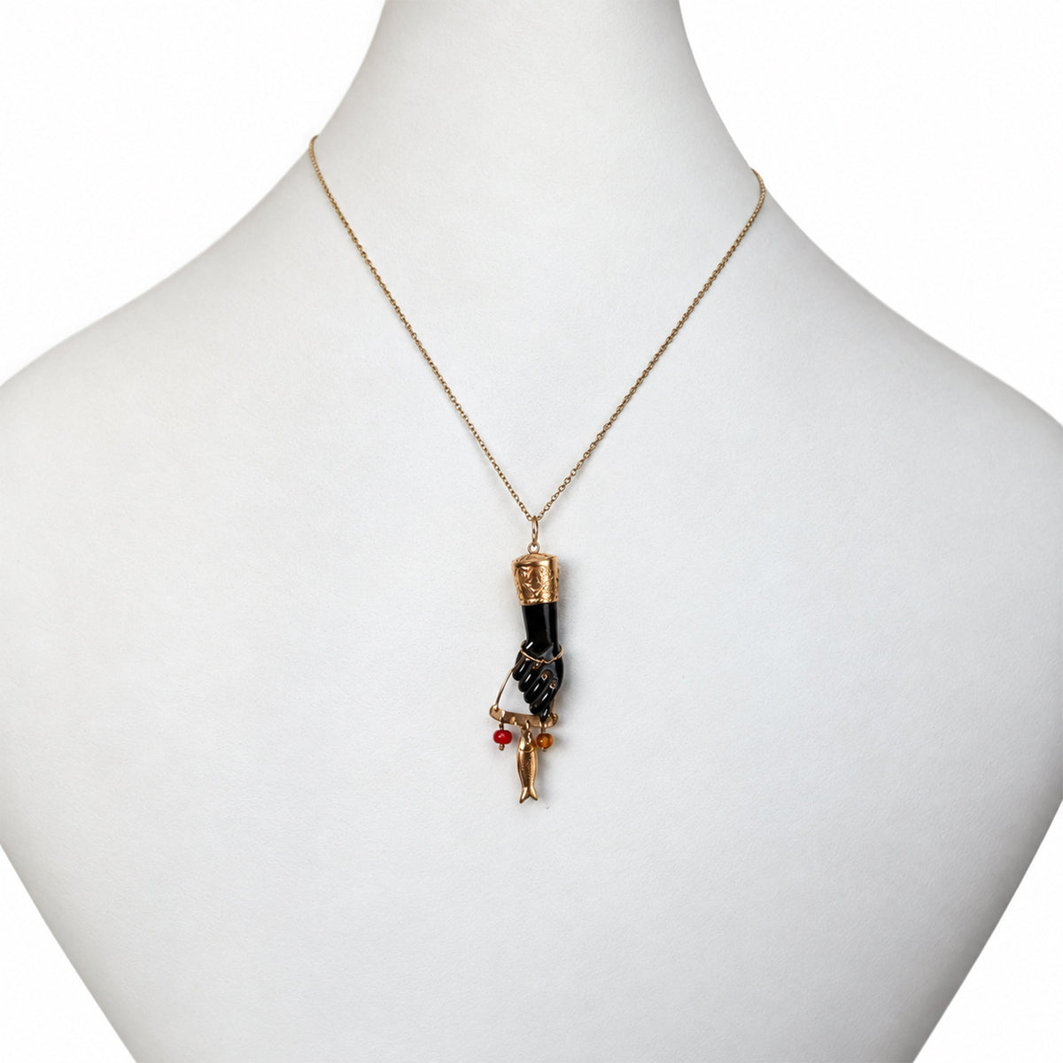 Antique 18K Gold & Stained Horn Figa Pendant, Mano Fico Lucky Charm, Fig Hand Amulet with Fish Charm, Italian Talisman, Victorian Pendant