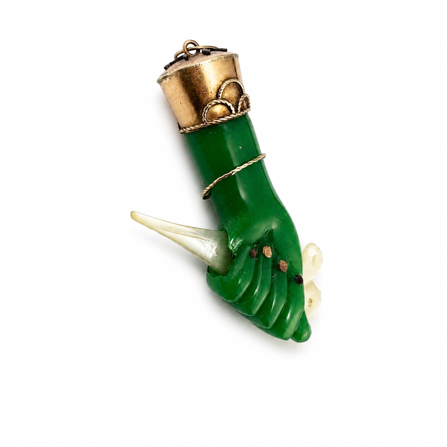 Vintage 14k Gold Green Figa Pendant, Mano Fico Lucky Charm, Mother of Pearl Scissors Charm, Protective Hand Amulet, 1950s Jewellery