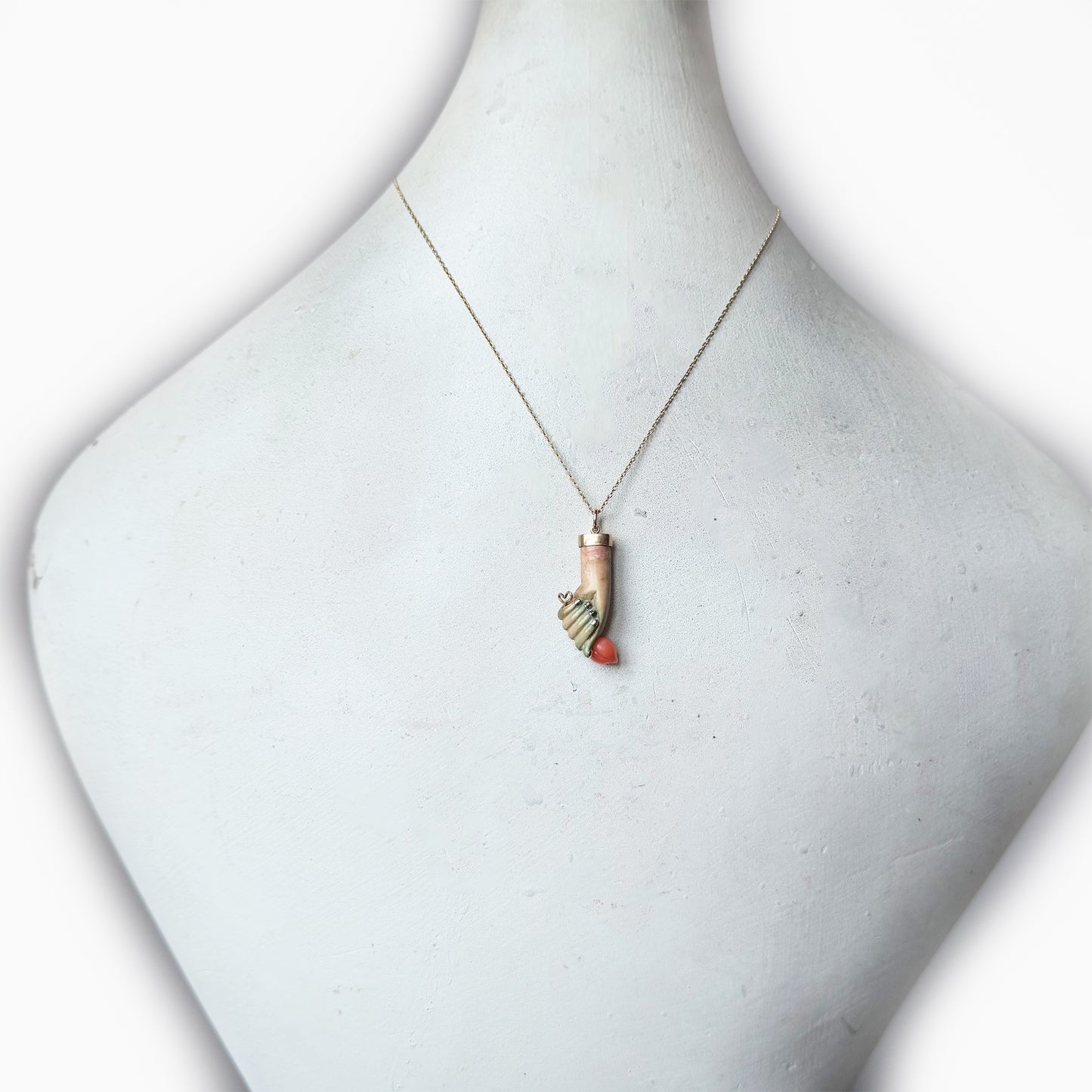 Victorian Bone Figa Pendant, 9k Gold & Coral, Mano Fico Amulet