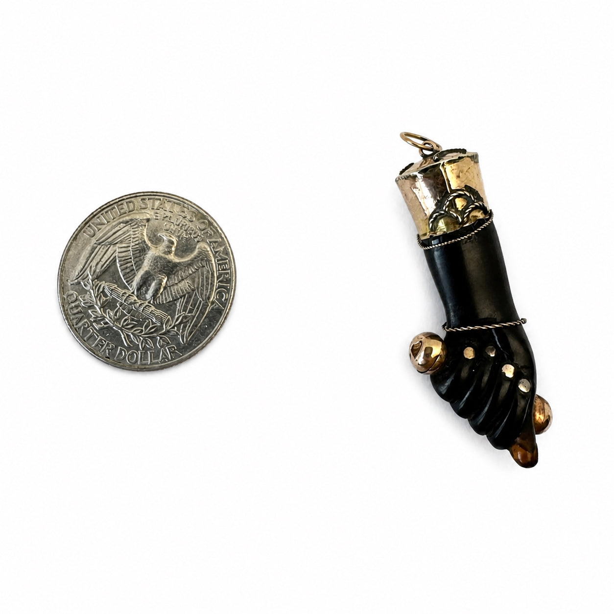Antique 9k Stained Horn Figa Pendant, 9 ct Gold dark brown Good Luck Charm, Mano Fico, Evil Eye