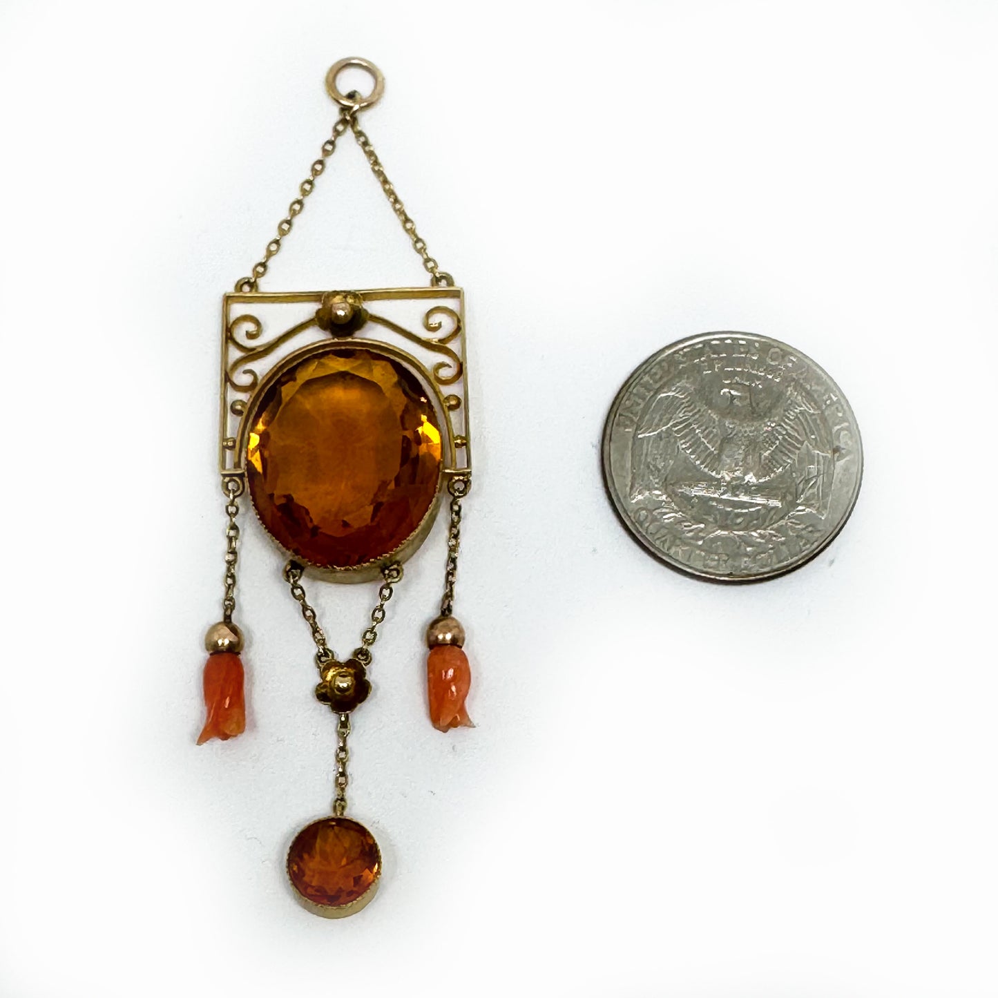 Edwardian 9ct Gold Festoon Pendant, Coral Bud Drops, Citrine Colour Glass Stone