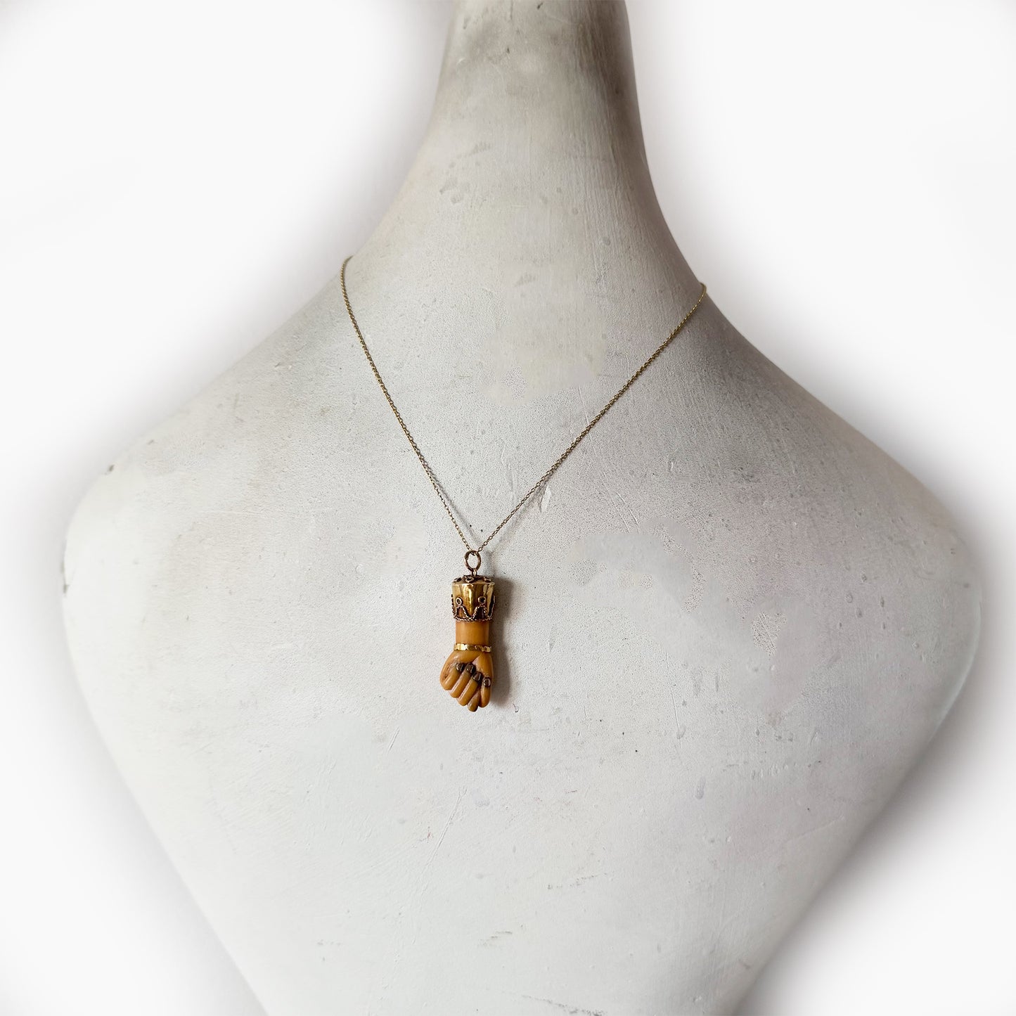 Antique Victorian Bone Figa Mano Fico Pendant, 18k Gold Mounted Hand Amulet, c.1800s Lucky Charm