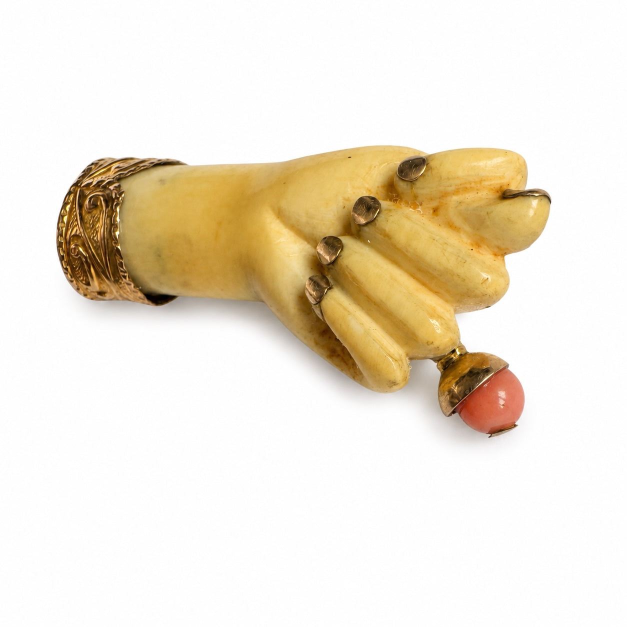 Antique Victorian Bone Figa Hand Pendant, 14k Gold & Coral Mano Fico Amulet, Lucky Talisman, Evil Eye Protection, Figa Charm