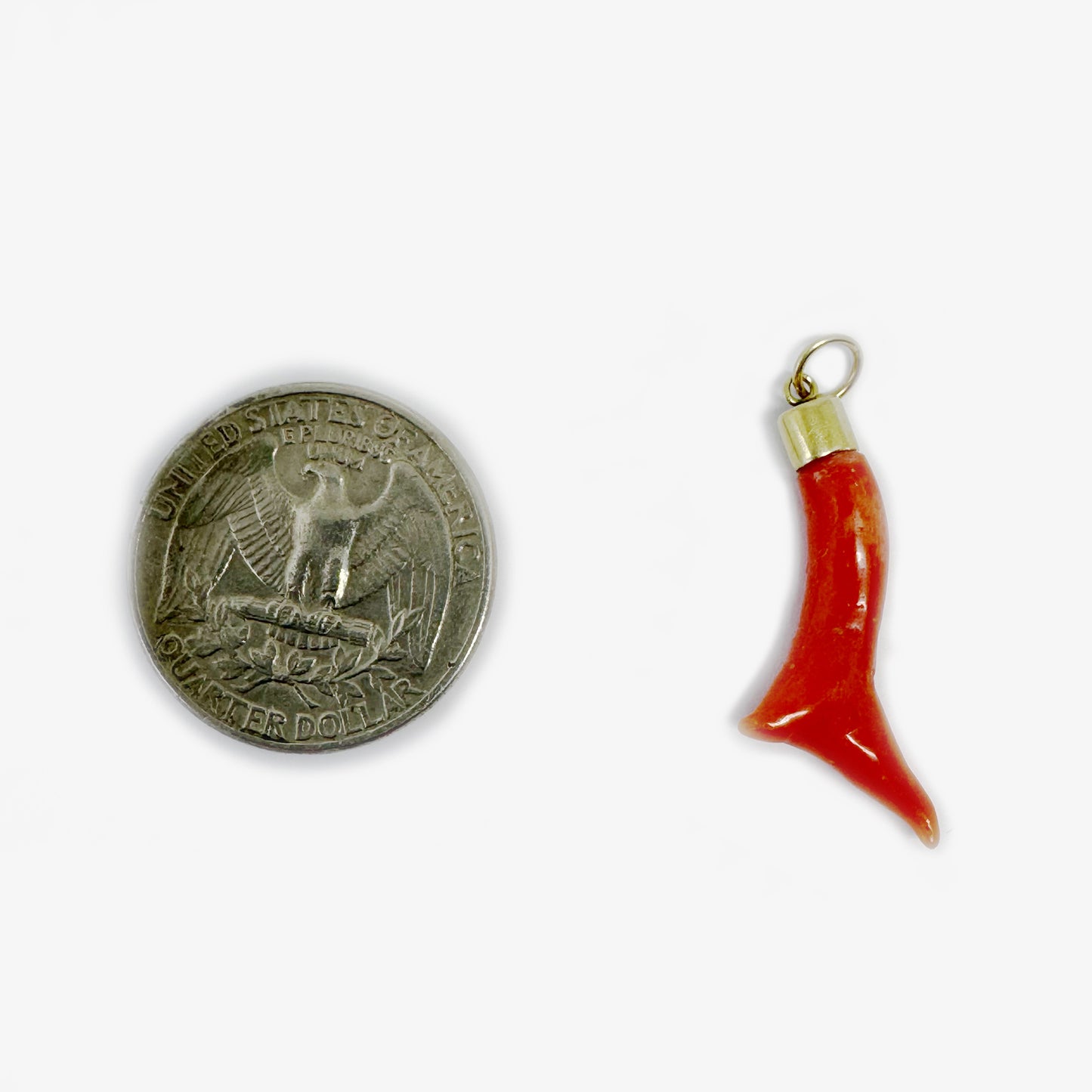 Antique Mediterranean Coral Charm in 14k Gold Setting, Early 20th Century Natural Coral Pendant, Salmon Orange Corno Amulet